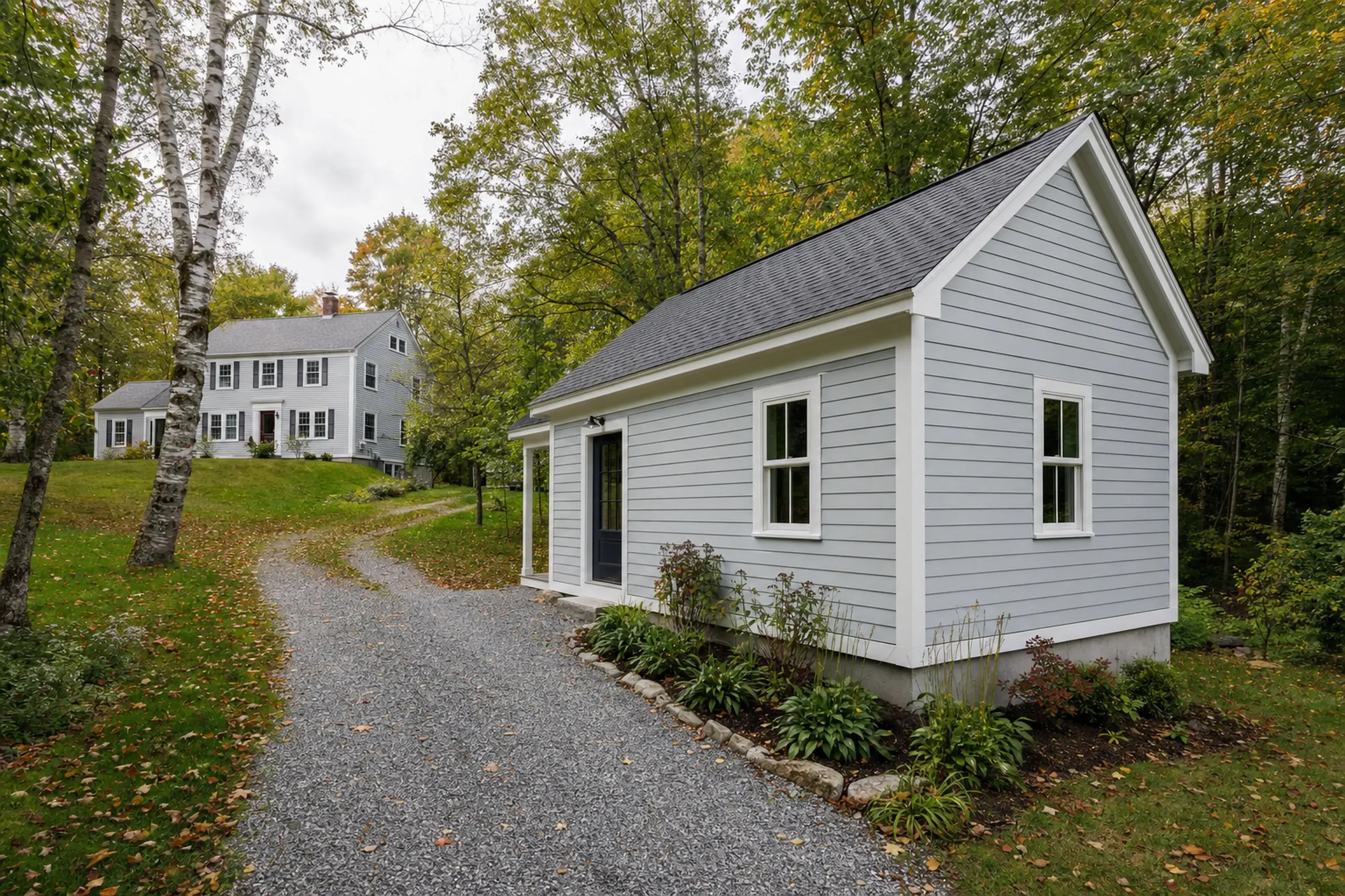 Two gray houses with white trim on a gravel driveway surrounded by green trees and grass.