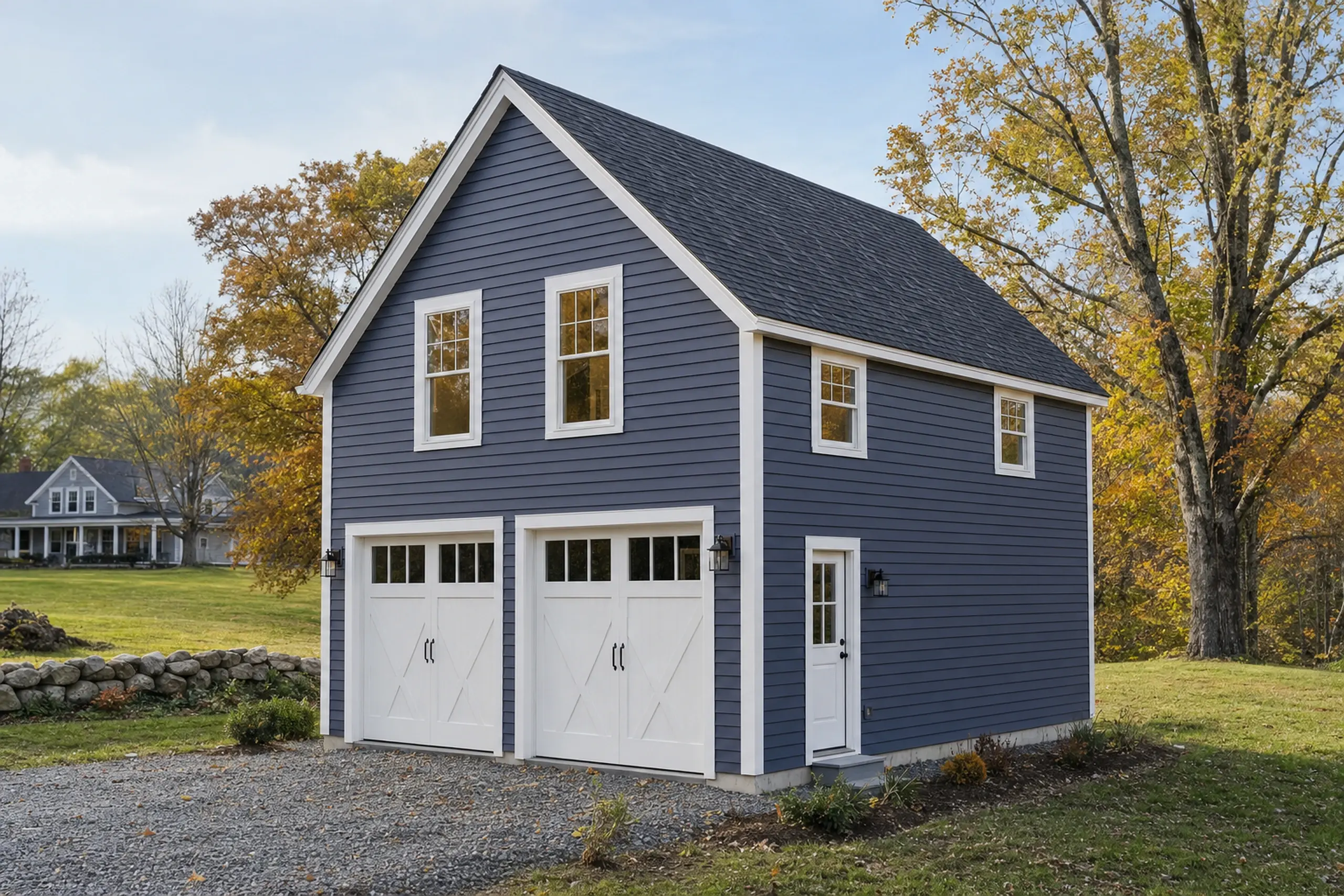 Blue two-story building with white trim, two garage doors, and a side door in a grassy setting.
