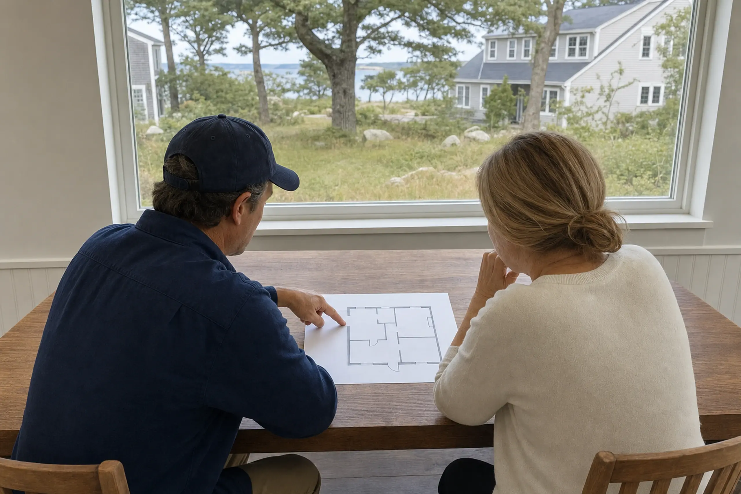 Two people sit at a wooden table inside a house, looking at a floor plan with a window view outside.