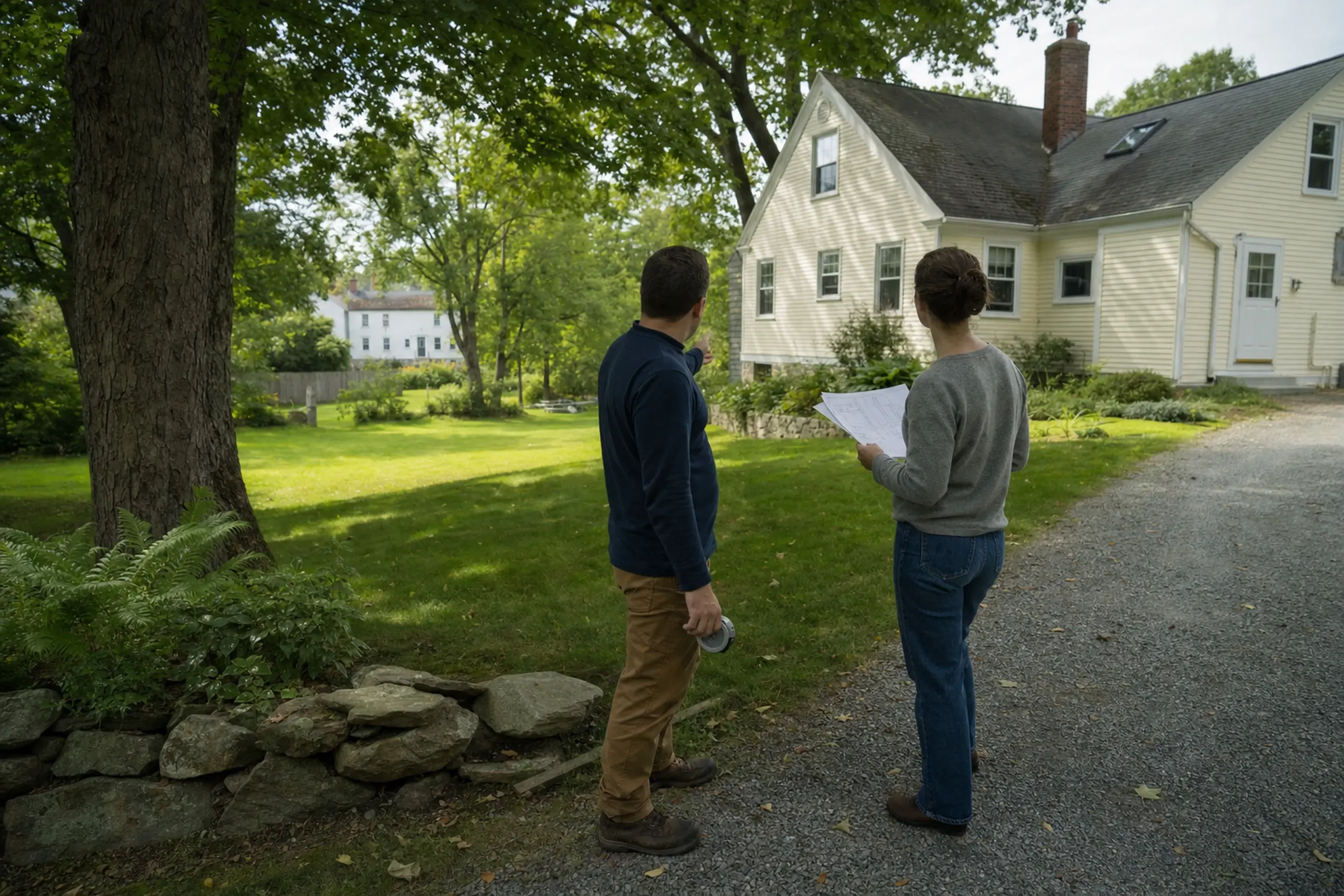 Two people stand on a gravel path near a yellow house with white trim in a green yard.