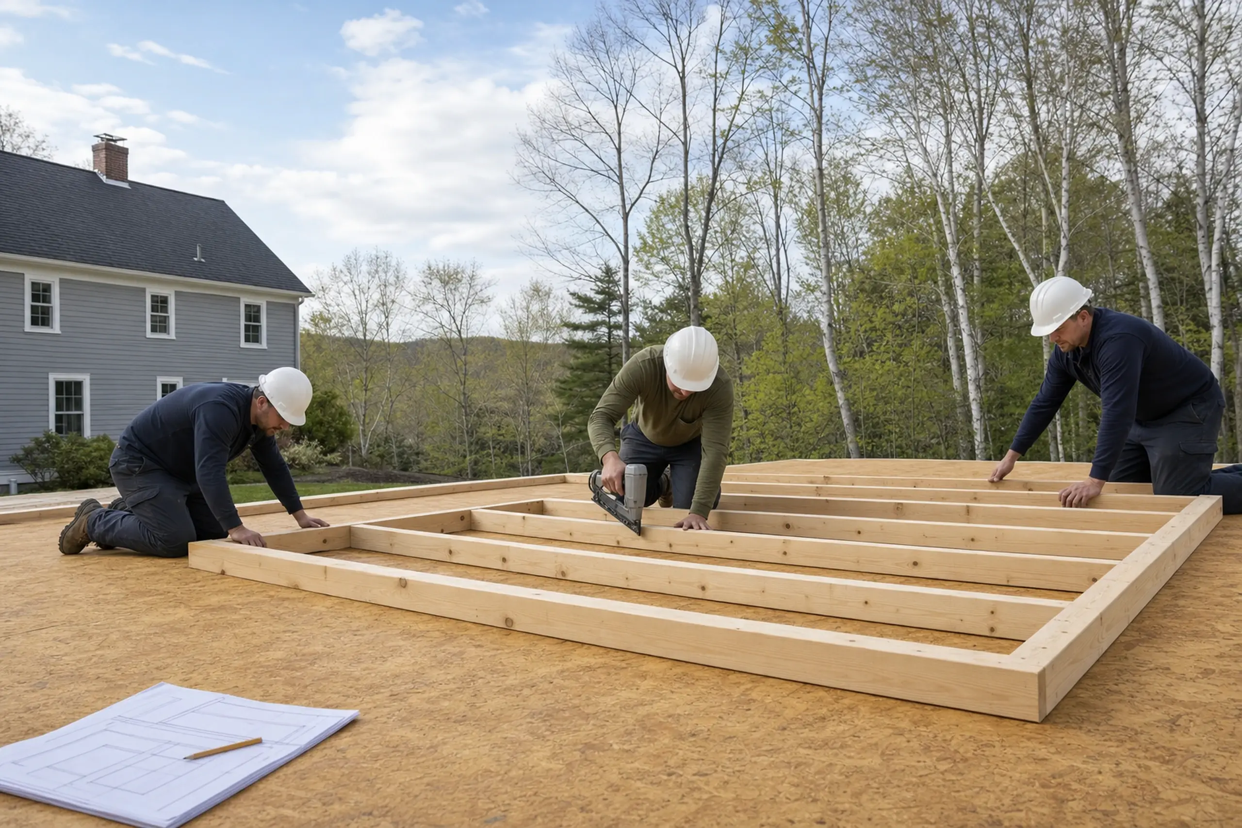 Three workers in white helmets assembling a wooden frame on a plywood floor outdoors near a gray house.