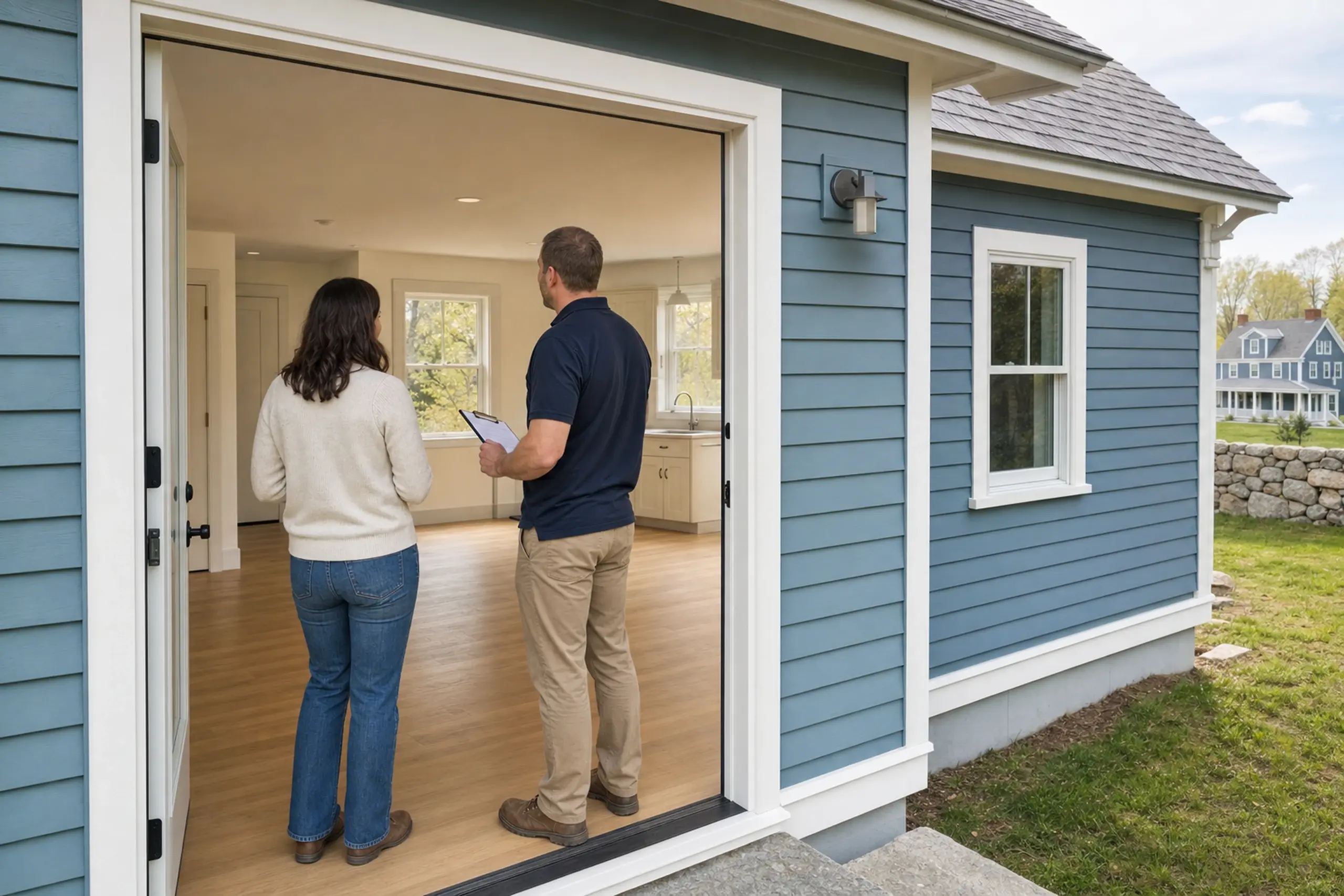 Blue house exterior with white trim, two people inside looking at the interior space.