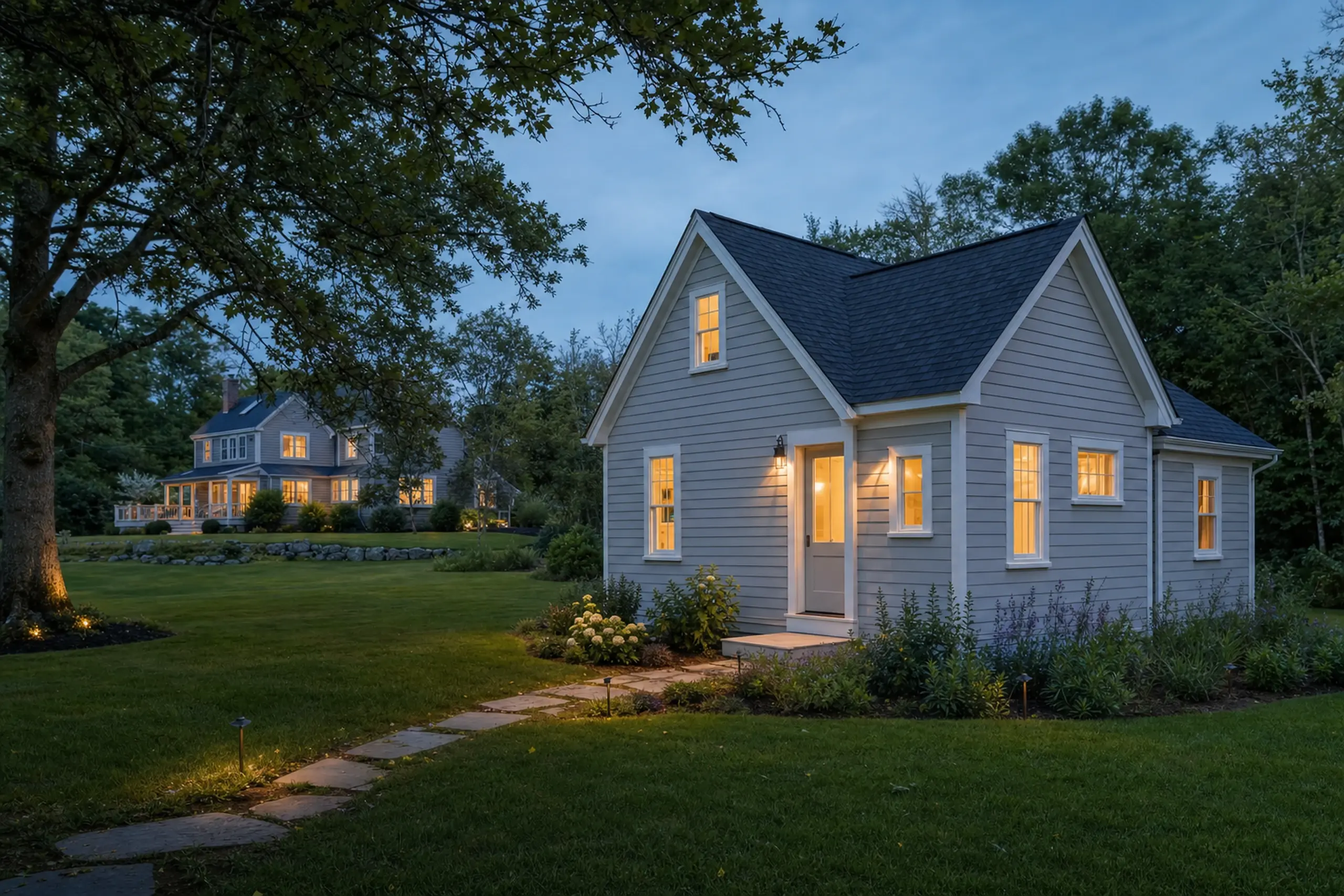 Gray small house with lit windows and door in a green yard at dusk, larger house in background.