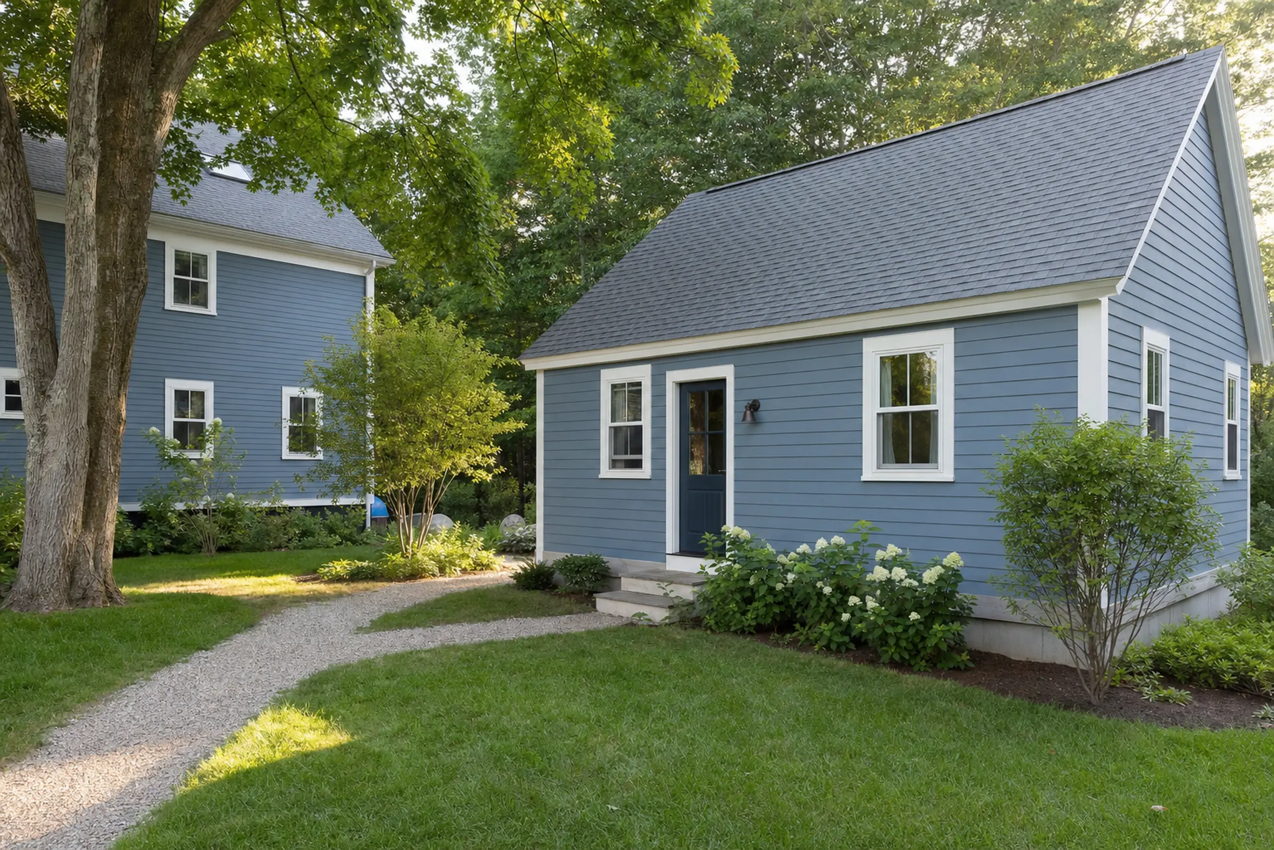 Two blue buildings with white trim in a green yard with trees and bushes.