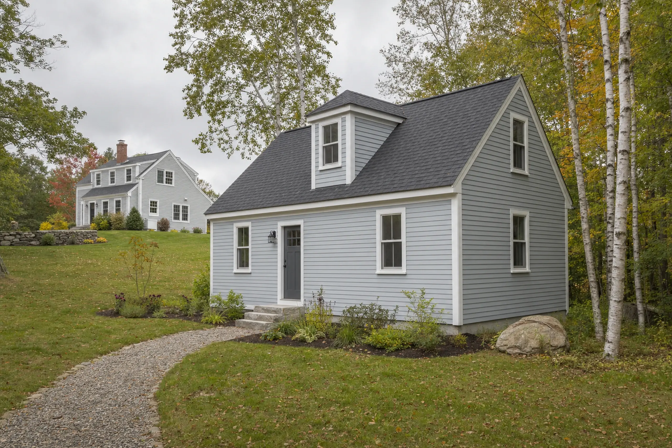 Gray house with white trim and dark roof in a grassy, tree-filled yard with a stone path.
