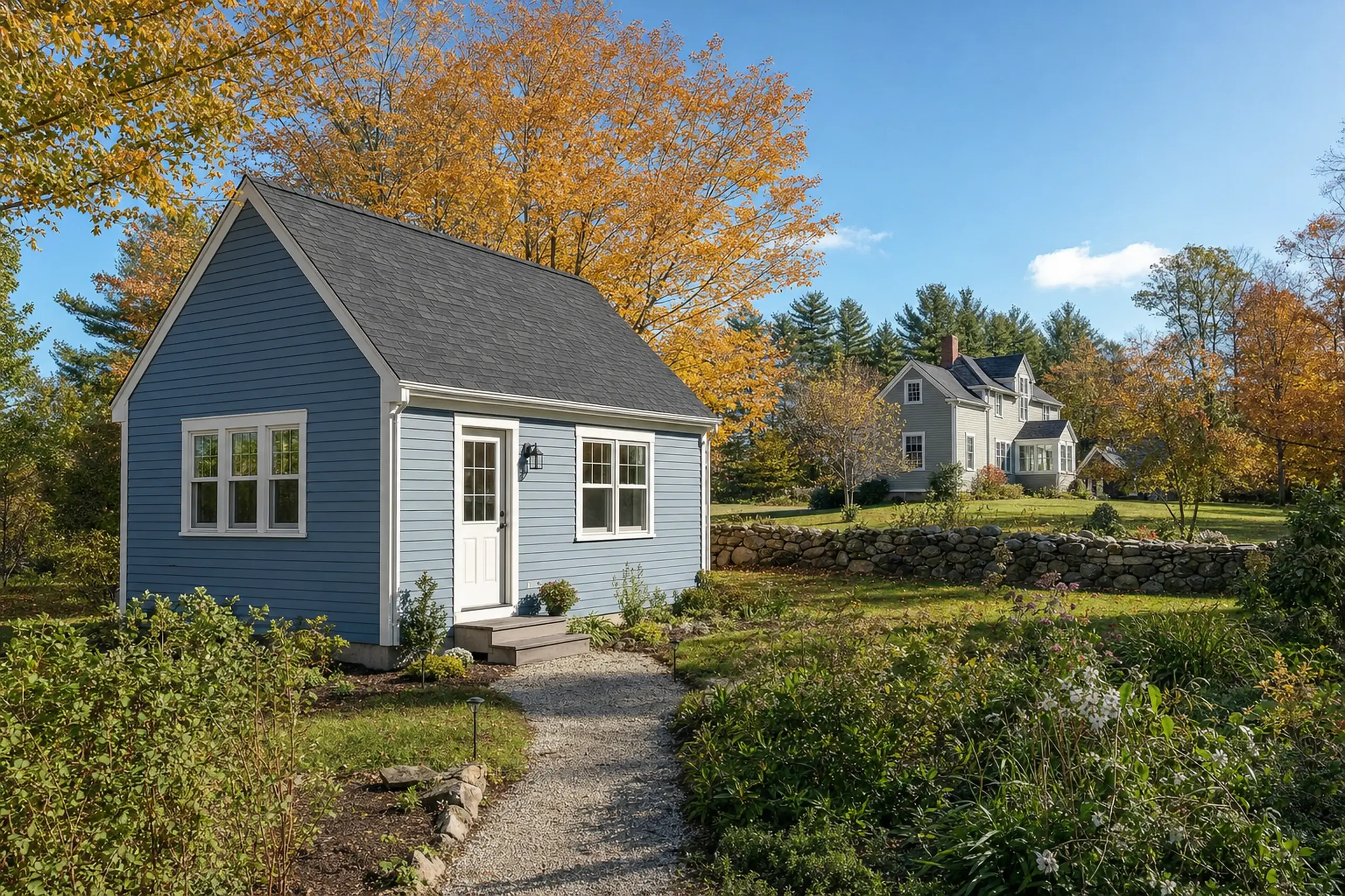 Small blue house with white trim in a garden setting with autumn trees and a stone wall.