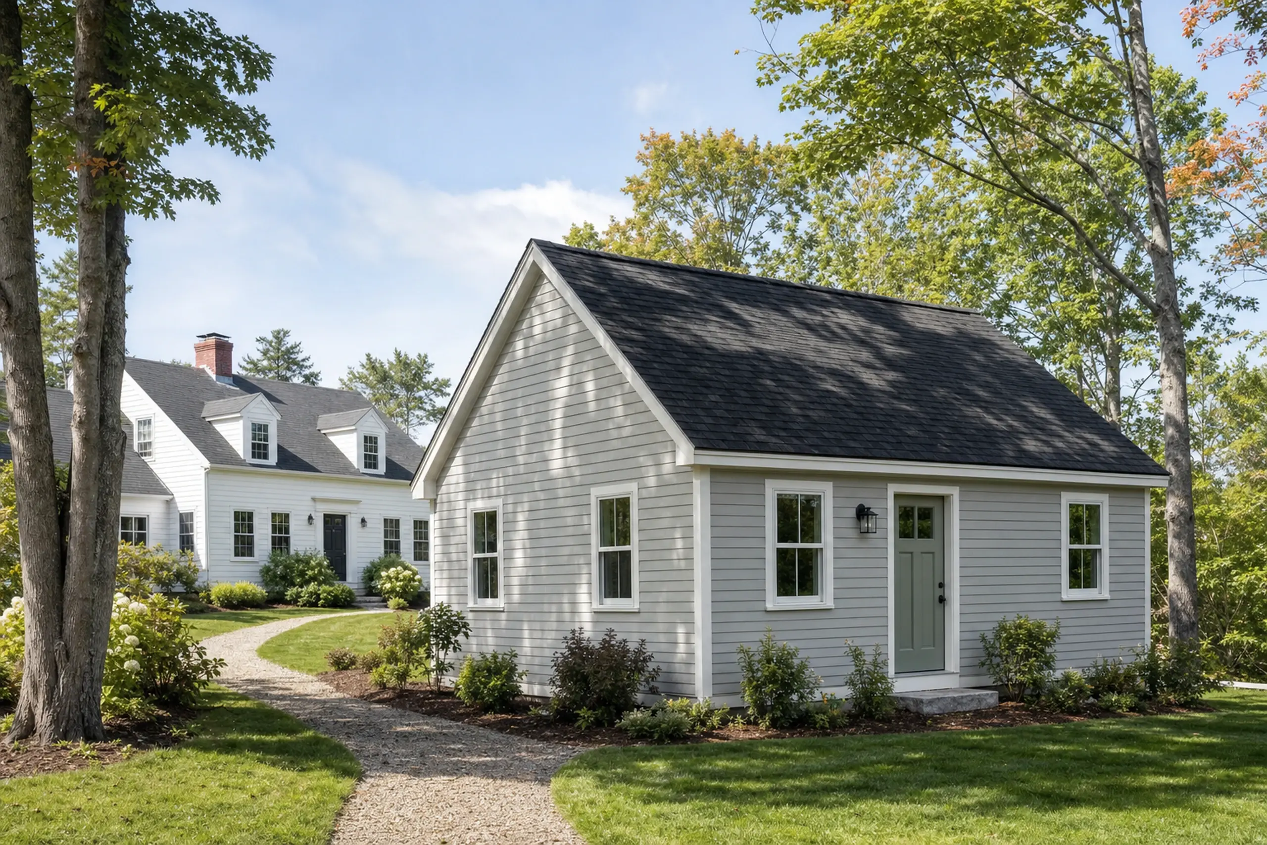 ADU builders in Falmouth, ME: Gray small house with white trim and green door in a green yard with trees and a gravel path.