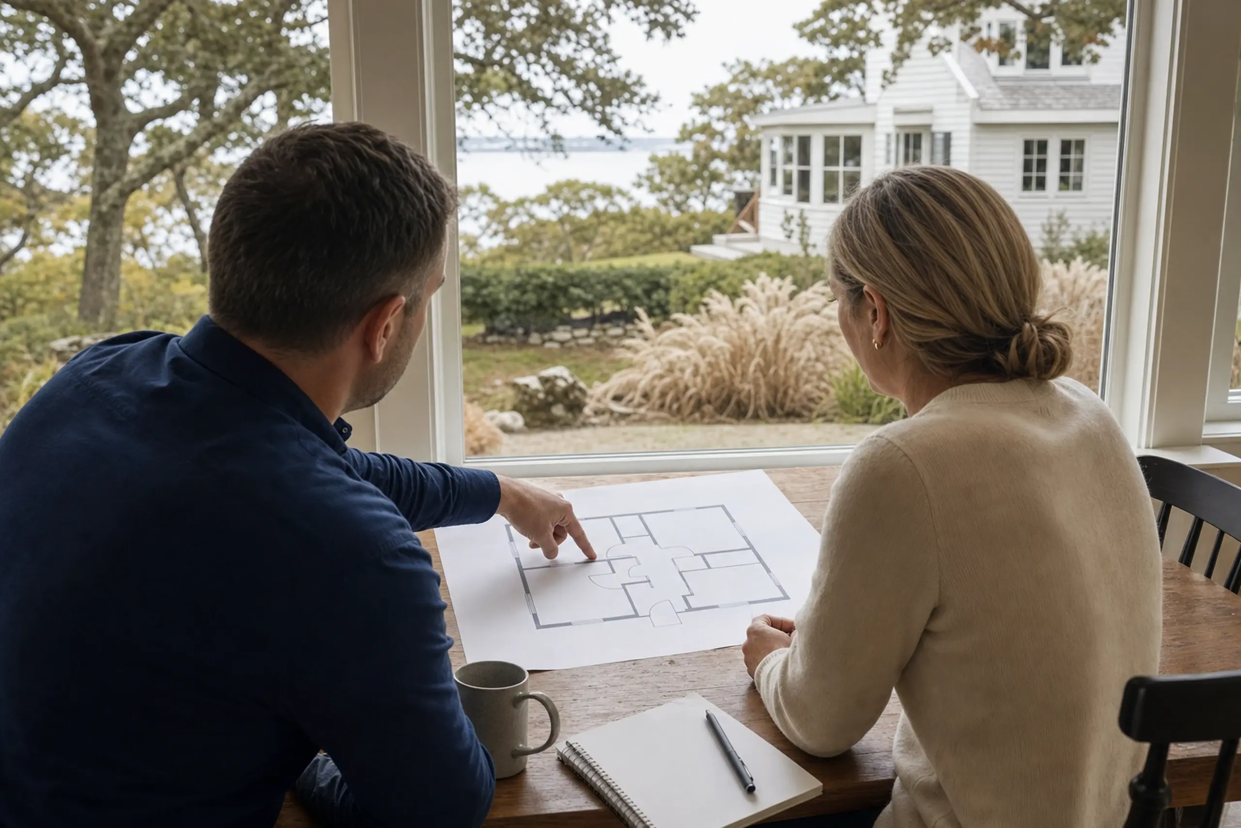 Two people sit at a wooden table inside, looking at a floor plan with a white house visible outside the window.