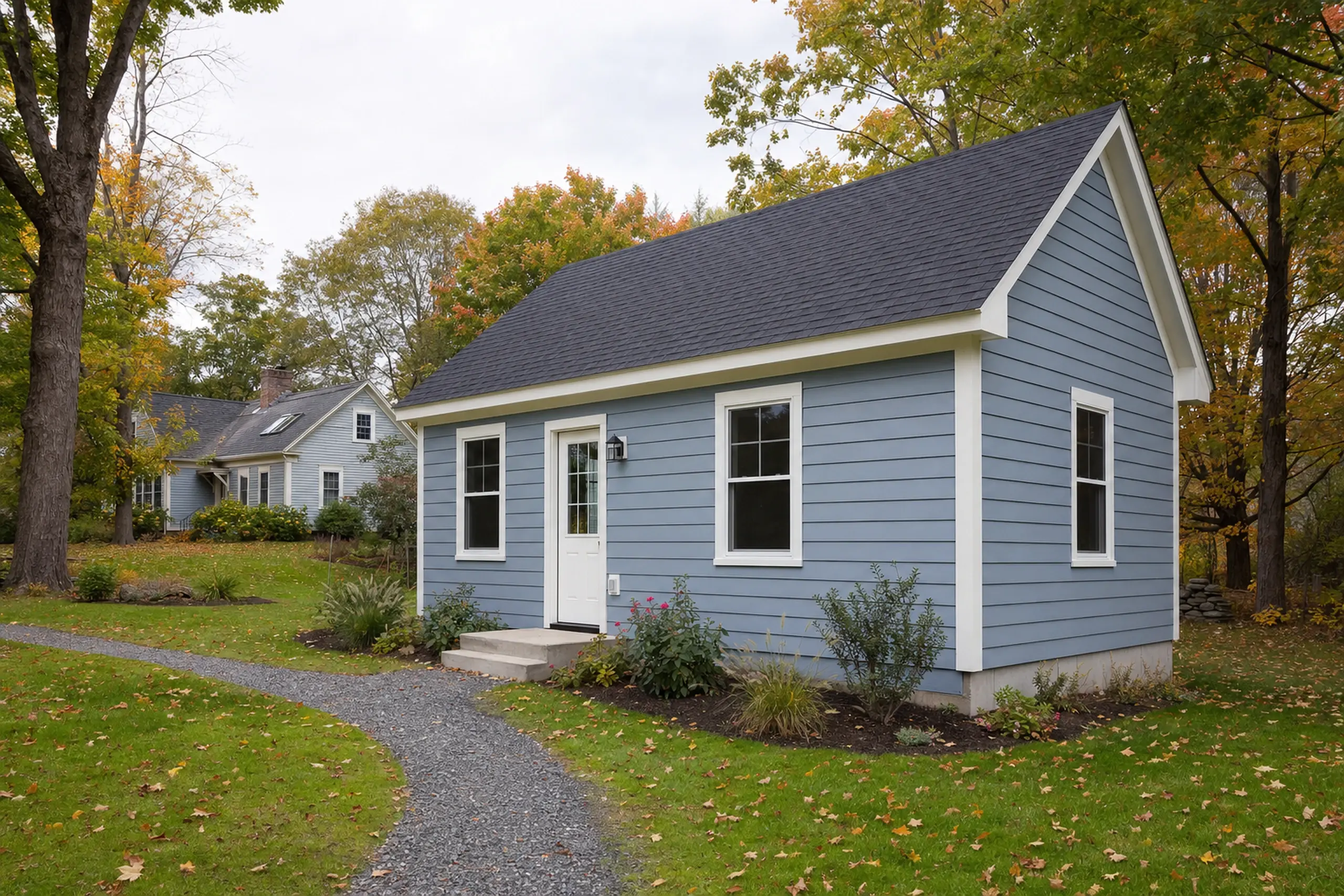 Small blue house with white trim and black roof in a green yard with trees and a gravel path.