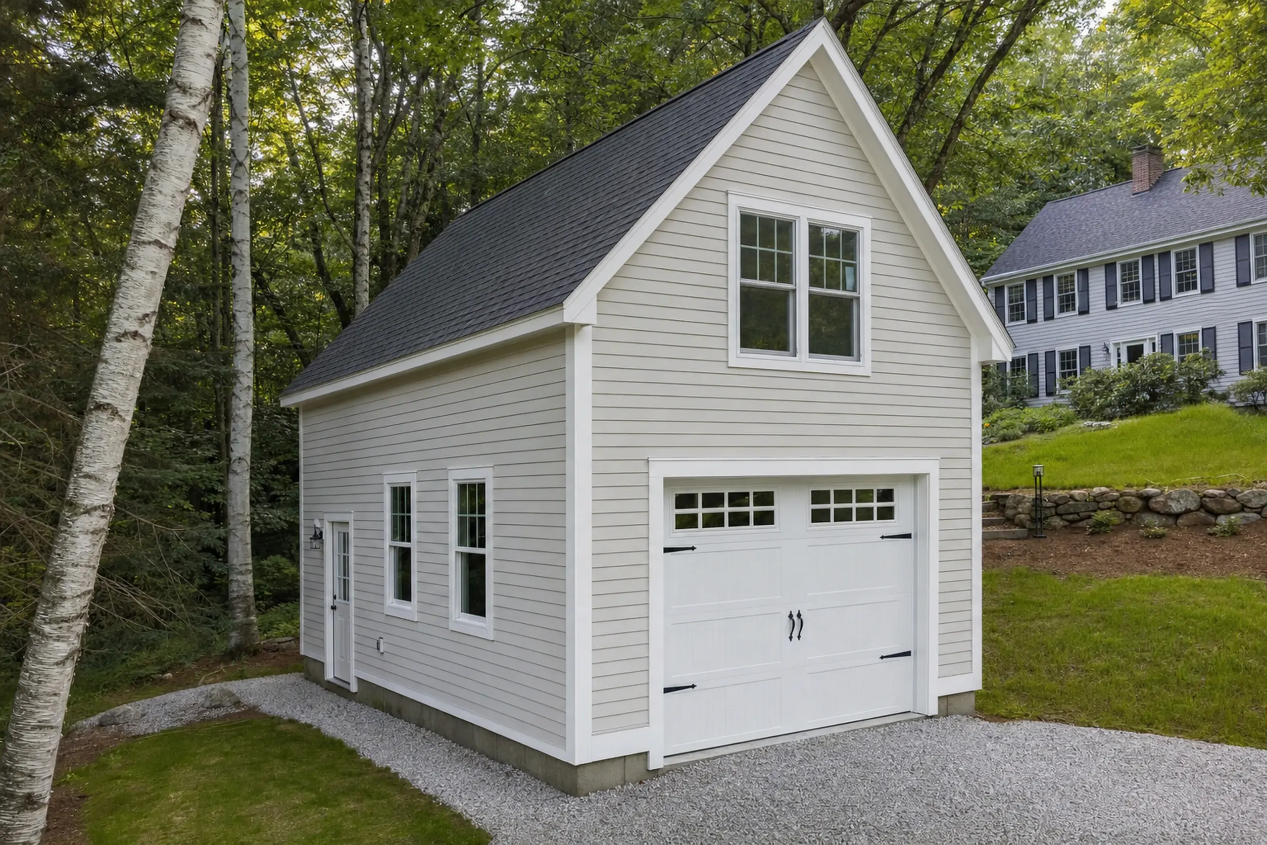 Light gray two-story garage with white trim and black roof in a wooded residential area.