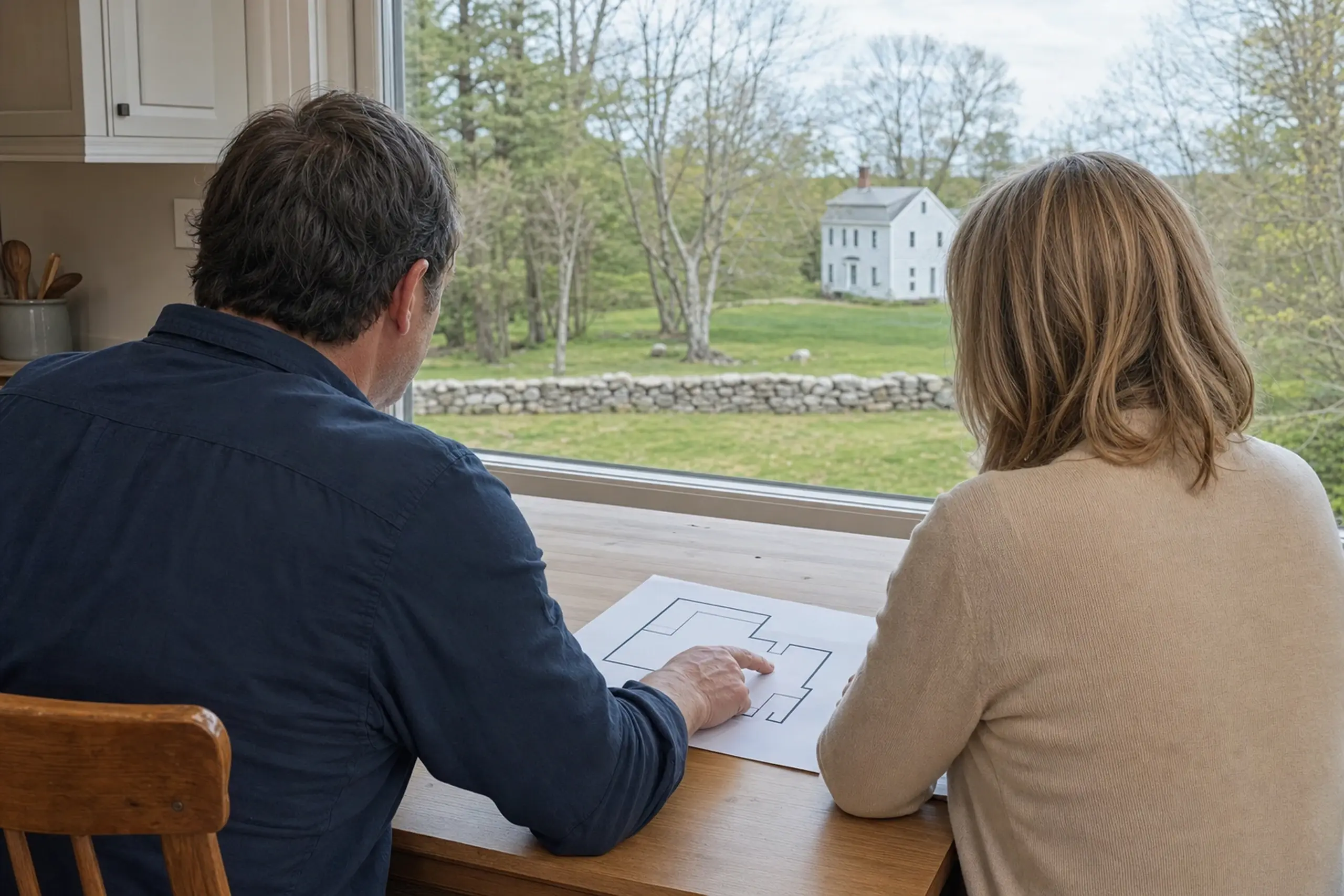 Two people sit at a wooden table inside, looking out a window at a white house and green yard.