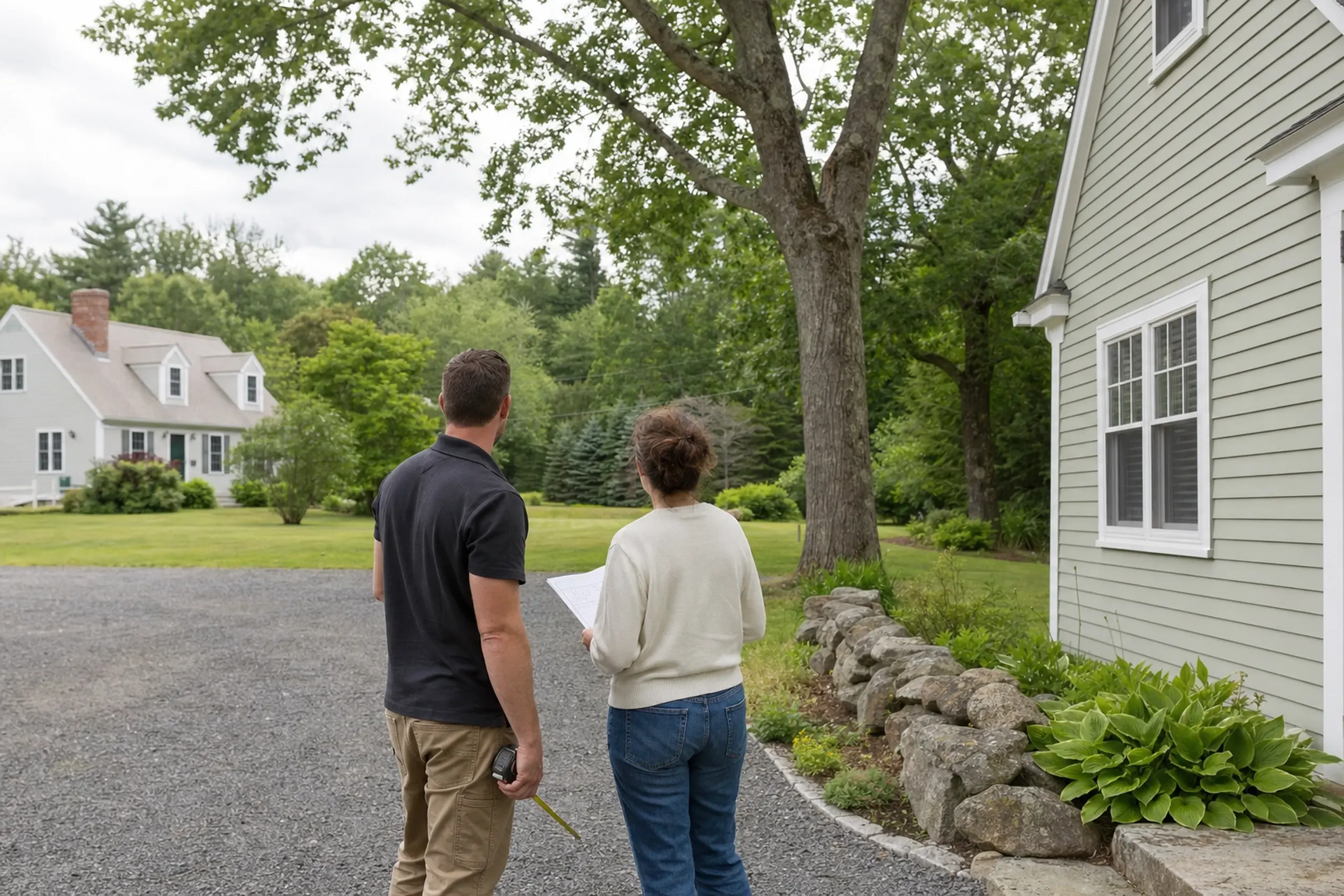 Two people stand on a gravel driveway near a green house with white trim and a stone border.
