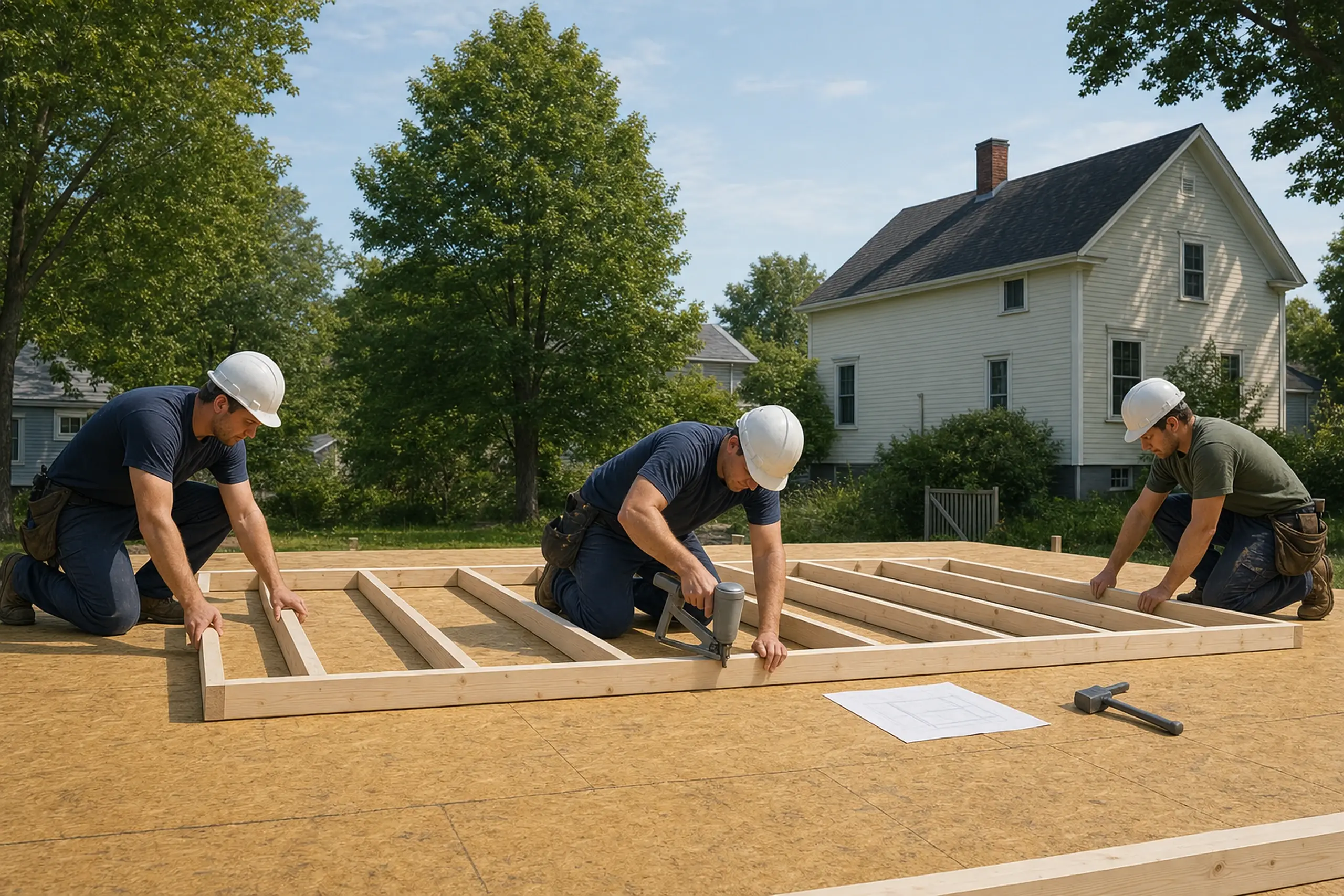 Three workers in helmets assembling a wooden frame on a plywood floor outdoors near a white house.