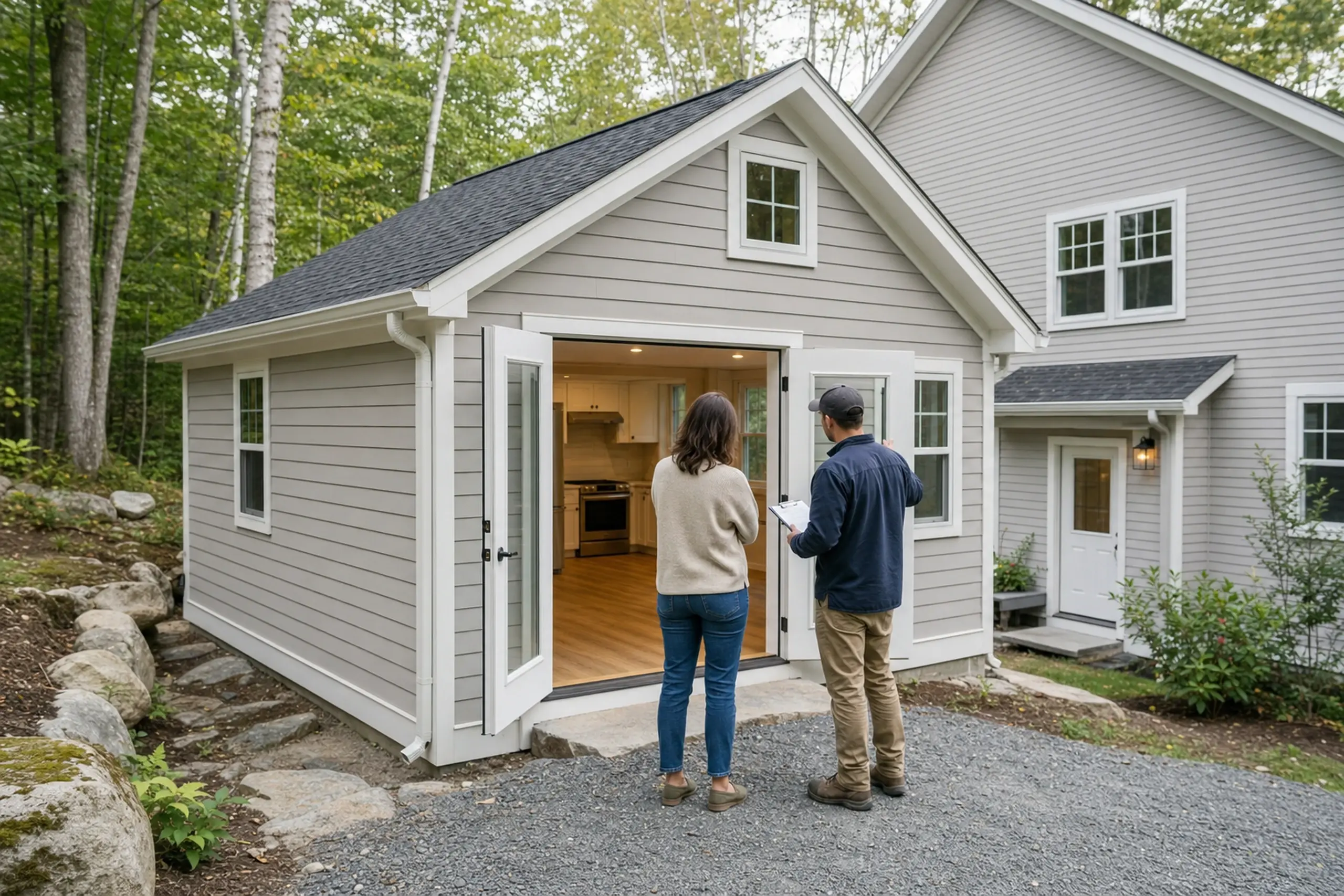 Gray small building with open double doors and two people standing outside on gravel.