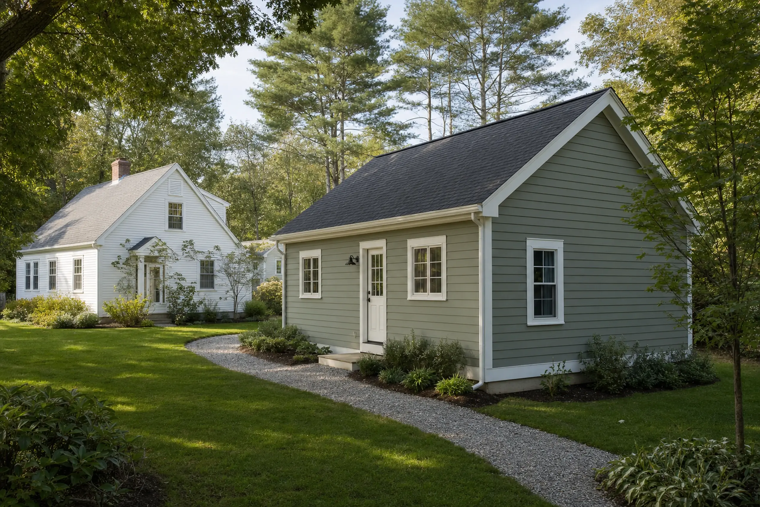 Two houses, one gray and one white, surrounded by green trees and grass under daylight.