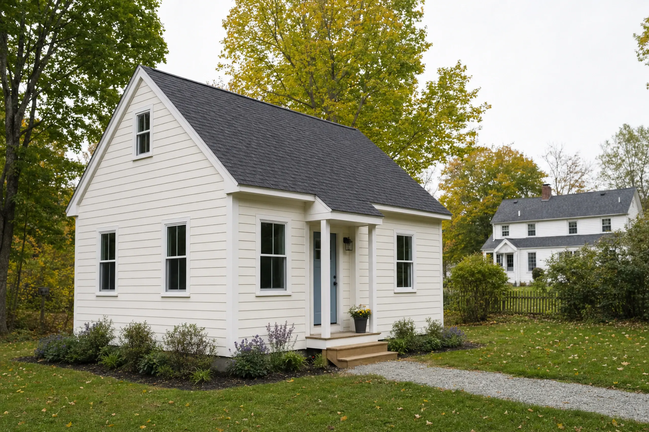 Small white house with dark roof in a green yard with trees and another house in background.