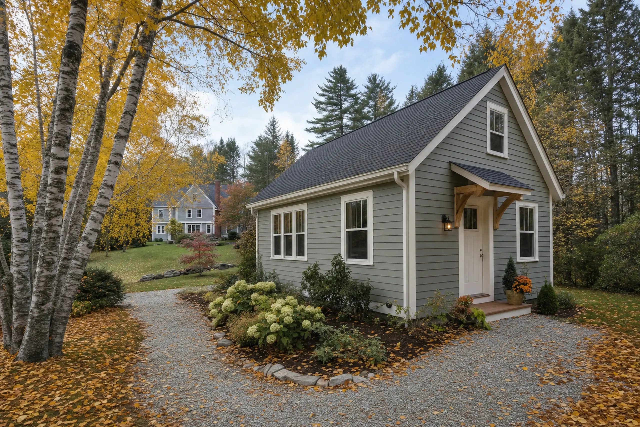 Gray house with white trim in autumn setting, surrounded by trees and fallen leaves.