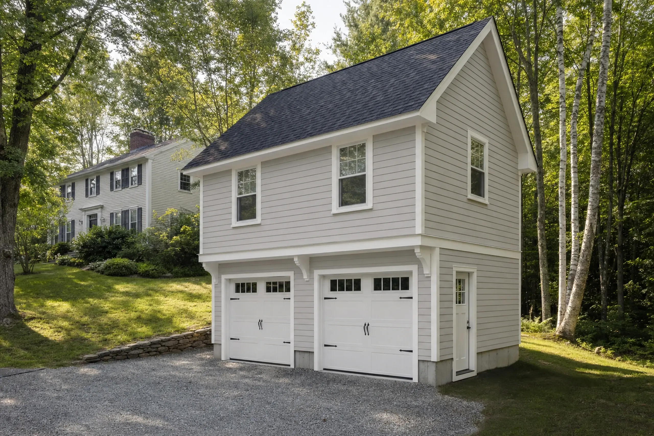 Gray two-story garage with white trim and two white garage doors in a wooded residential setting.