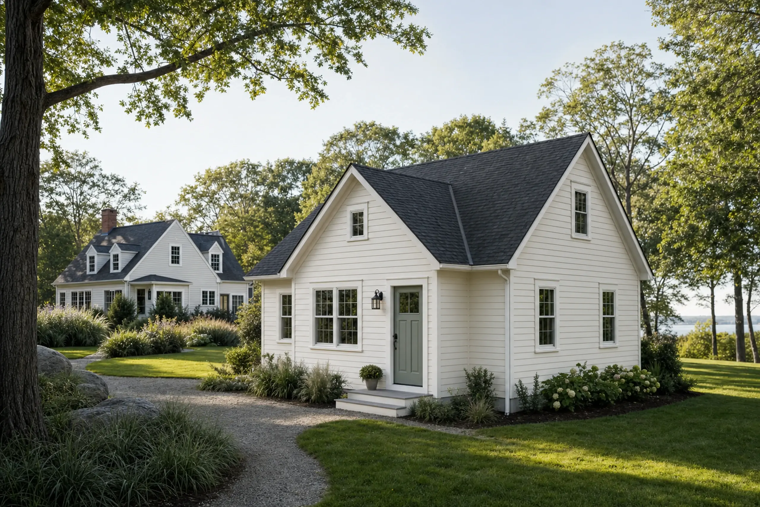ADU builders in Freeport, ME: White house with dark roof in a green yard with trees and a gravel path.