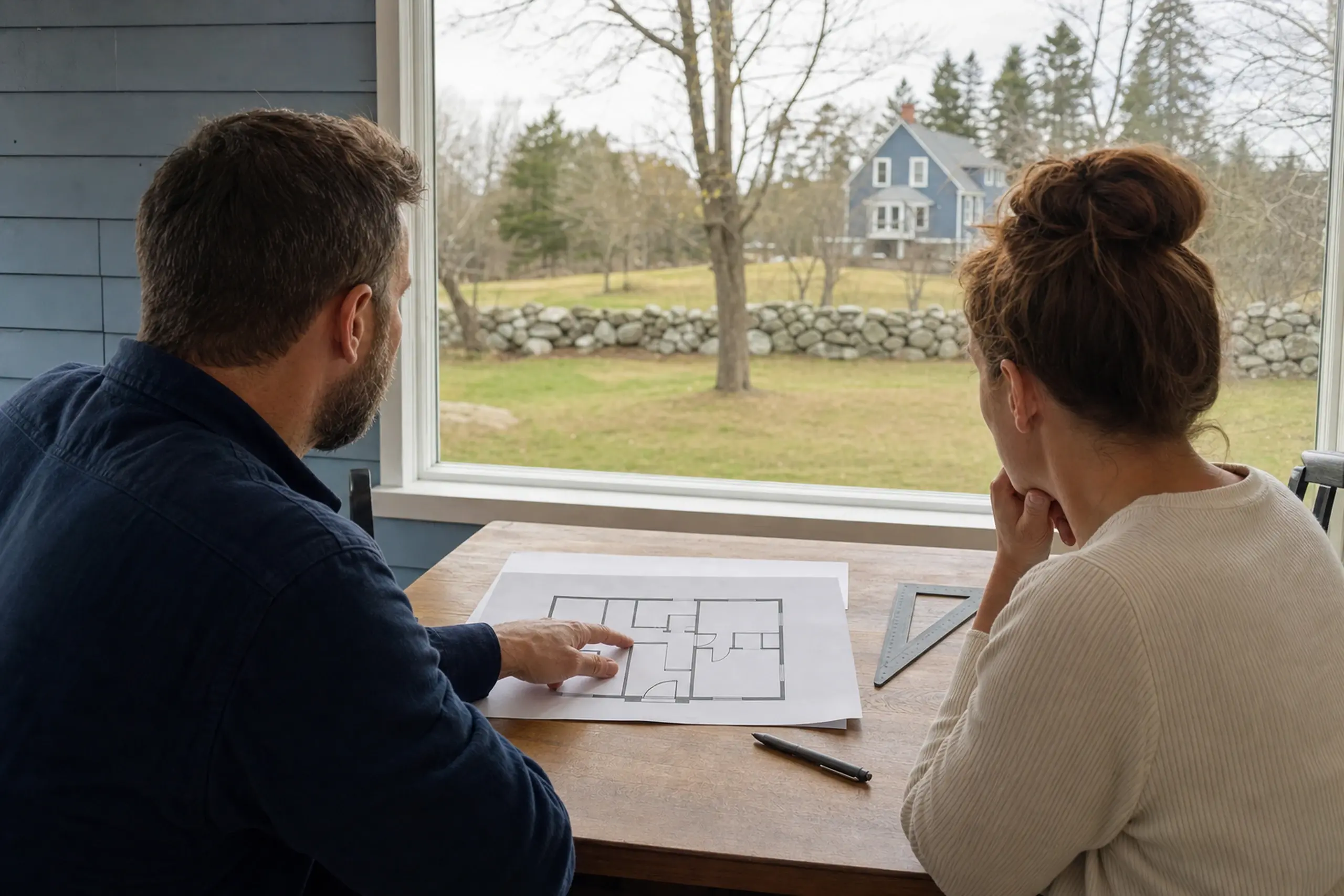 Two people inside a blue house looking at a floor plan on a wooden table near a large window.