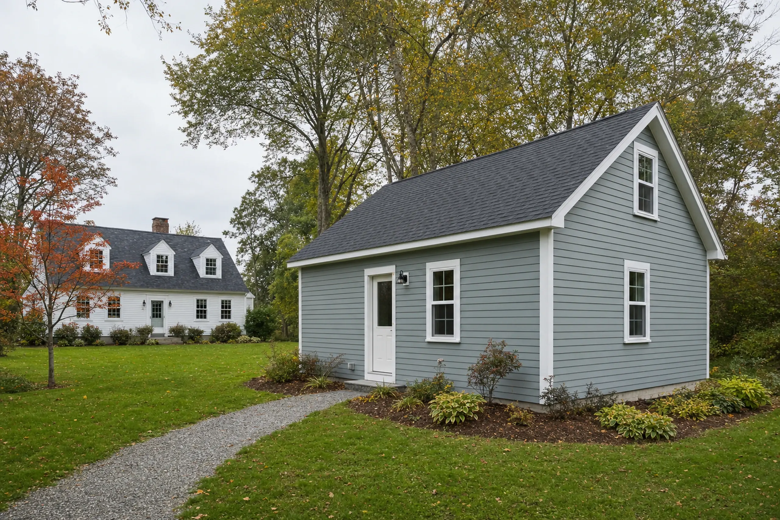 Two houses with gray and white siding in a green yard with trees and a gravel path.