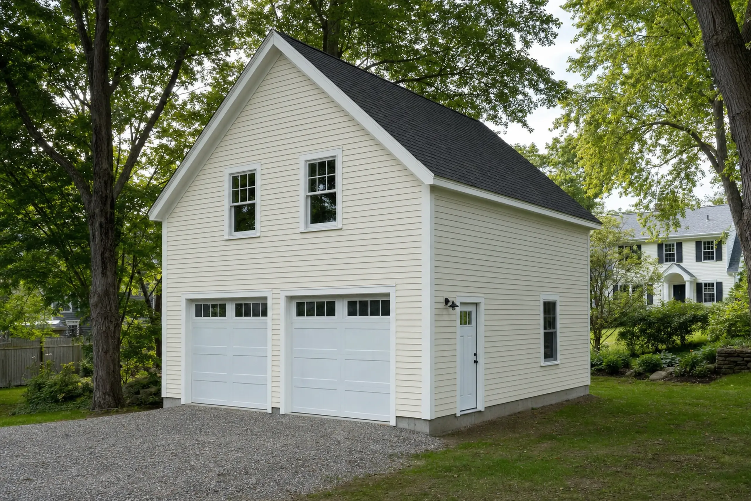 Two-story cream building with black roof, two white garage doors, and side door in a green yard.