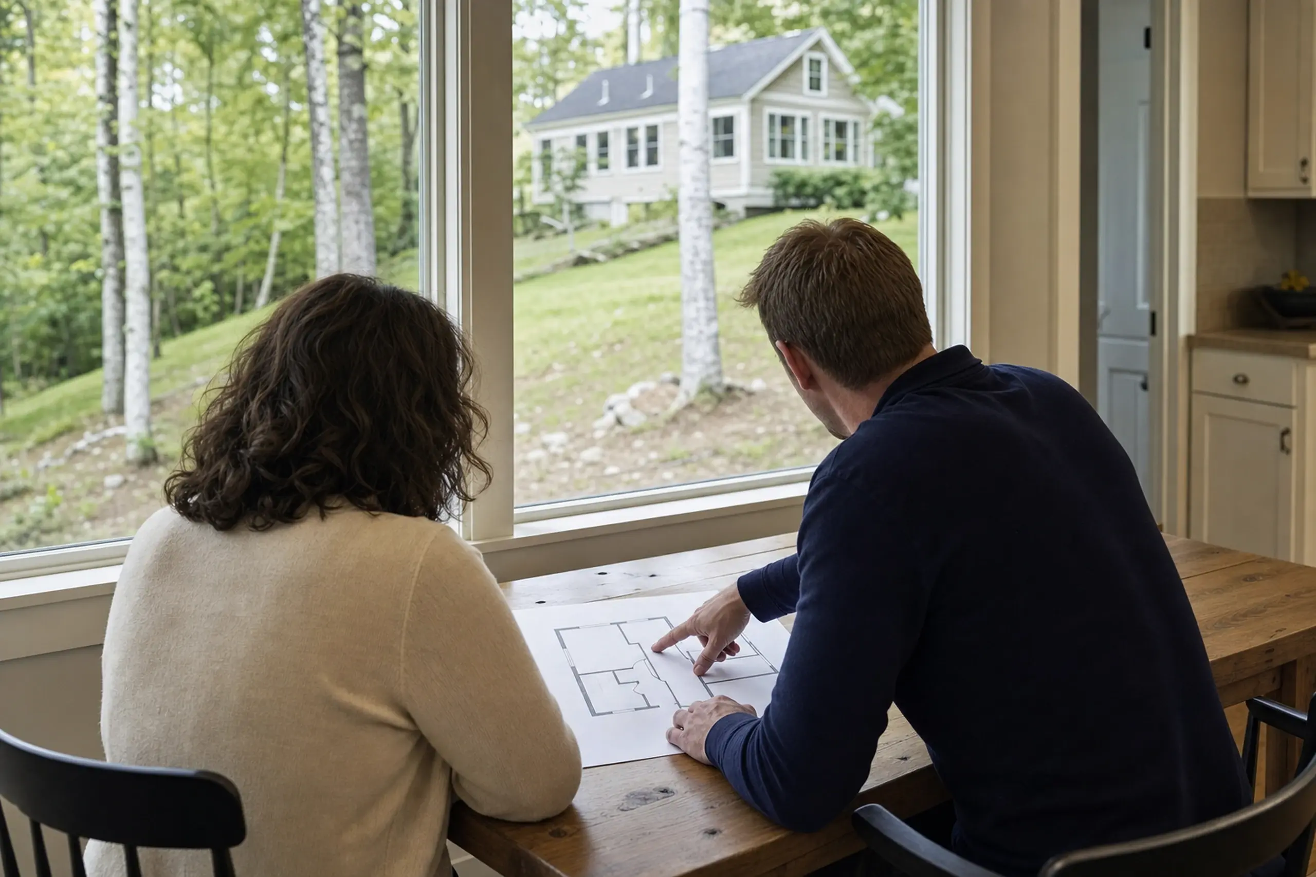 Two people sit at a wooden table inside, looking at a floor plan with a white house visible outside.