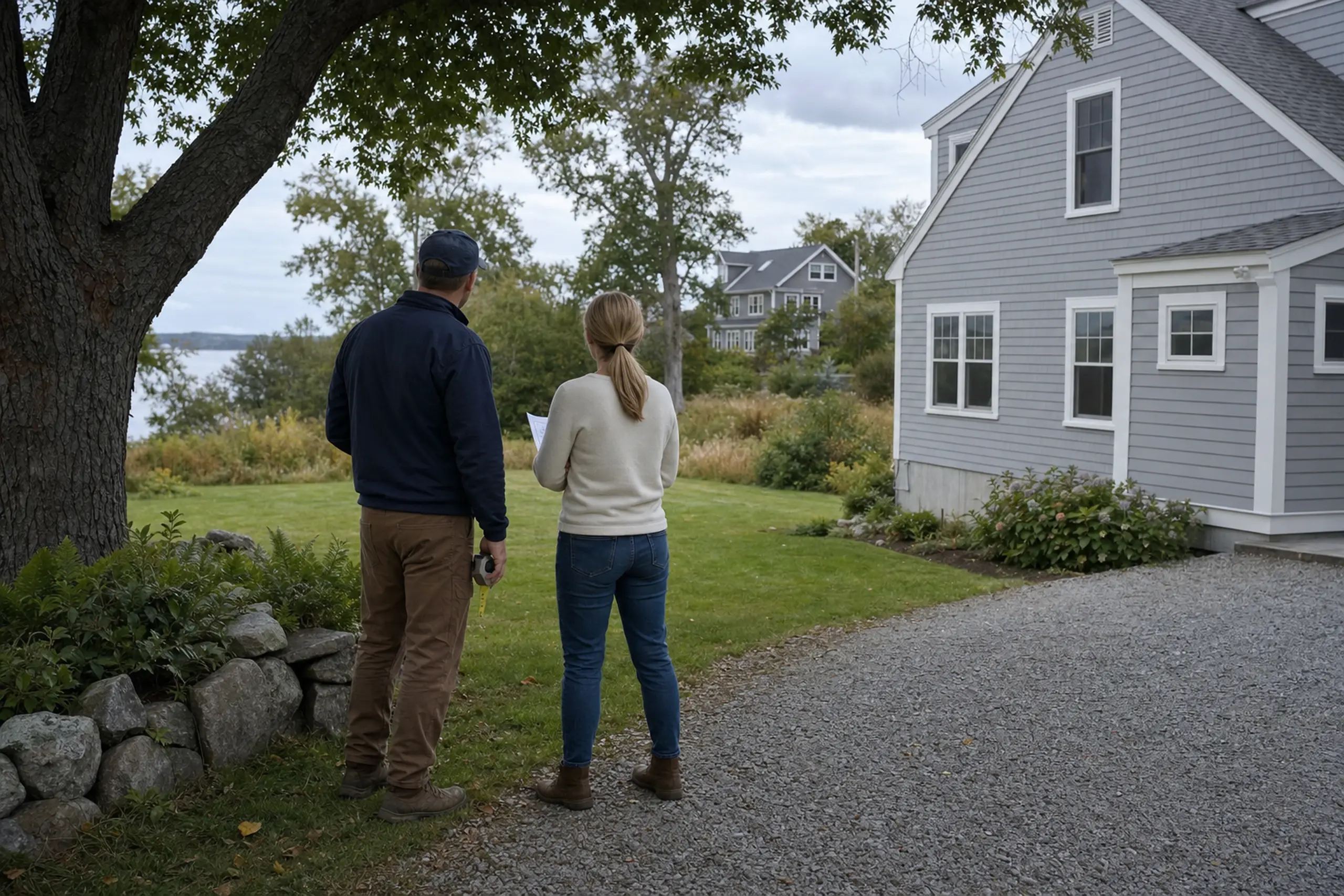 Two people stand on a gravel path near a gray house with white trim in a green yard.