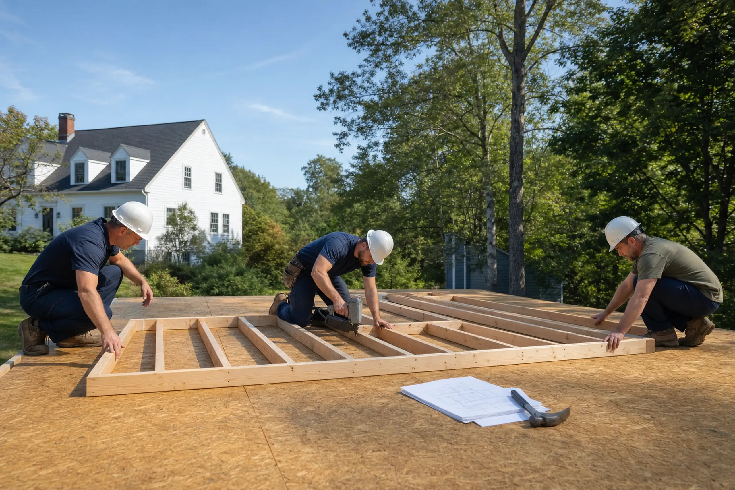 Three men in helmets working on wooden frame construction outdoors near a white house.