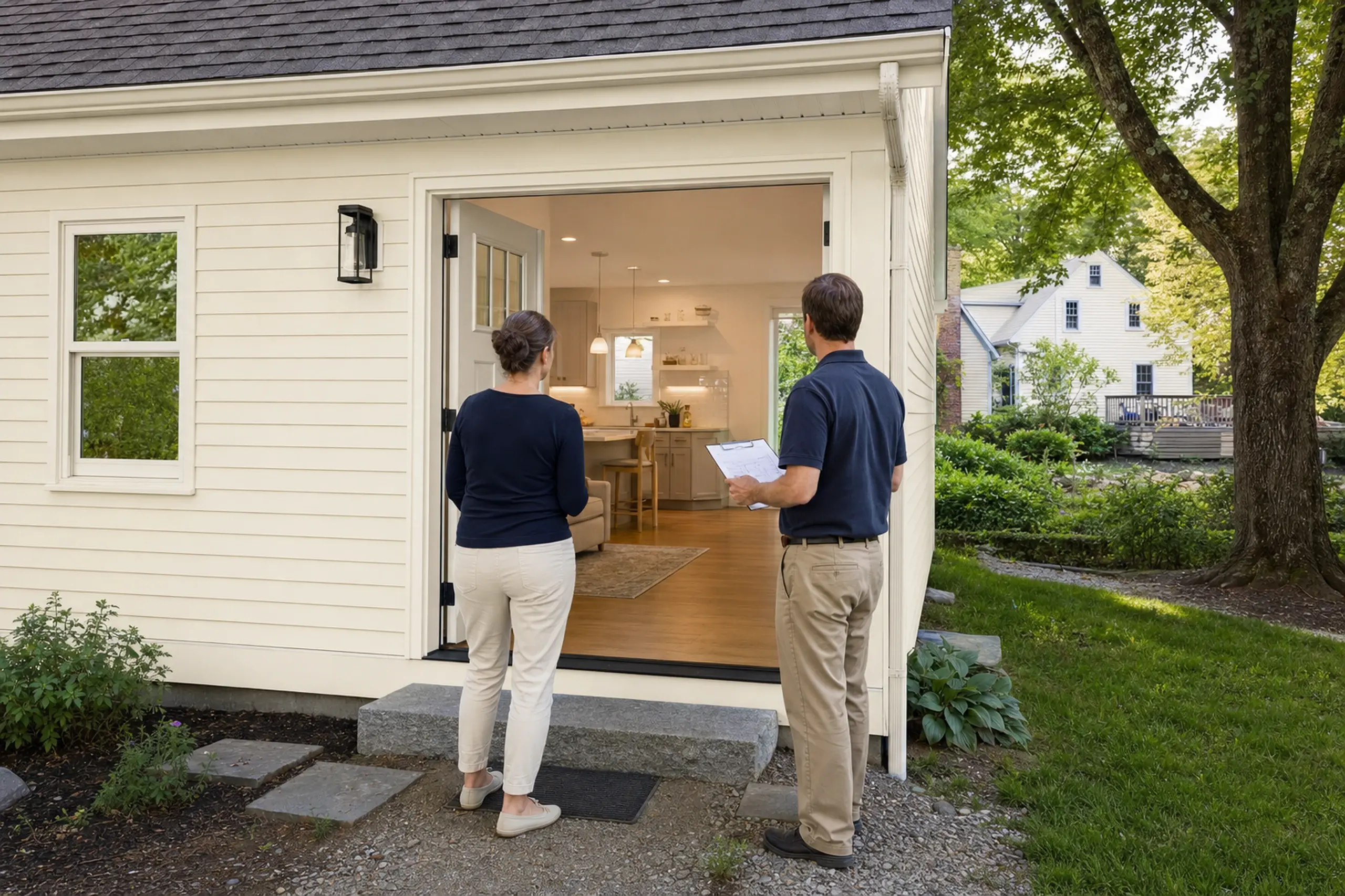 Two people stand outside a cream-colored house with an open door showing a kitchen interior.