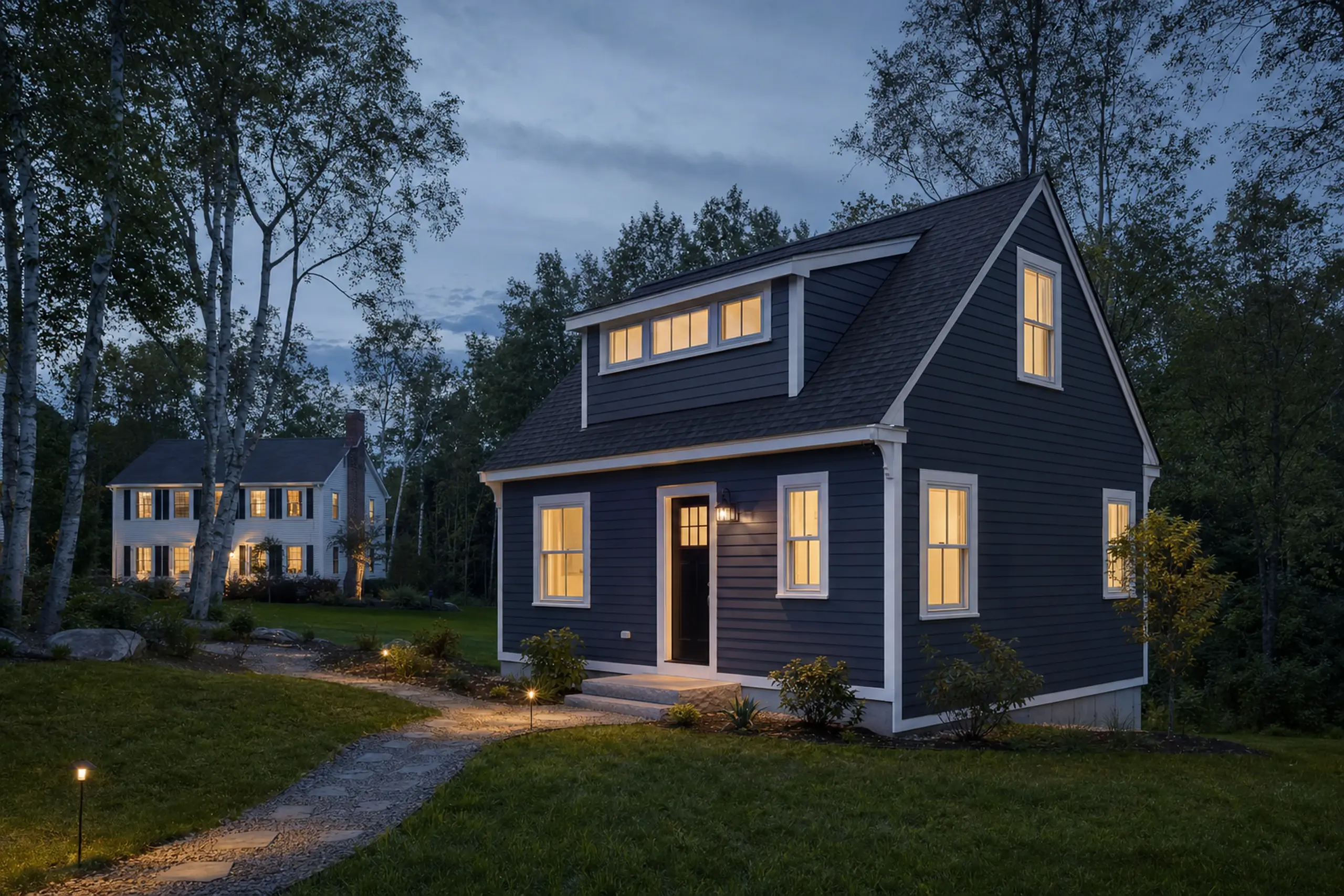 Blue house with white trim and lit windows in a wooded yard at dusk.
