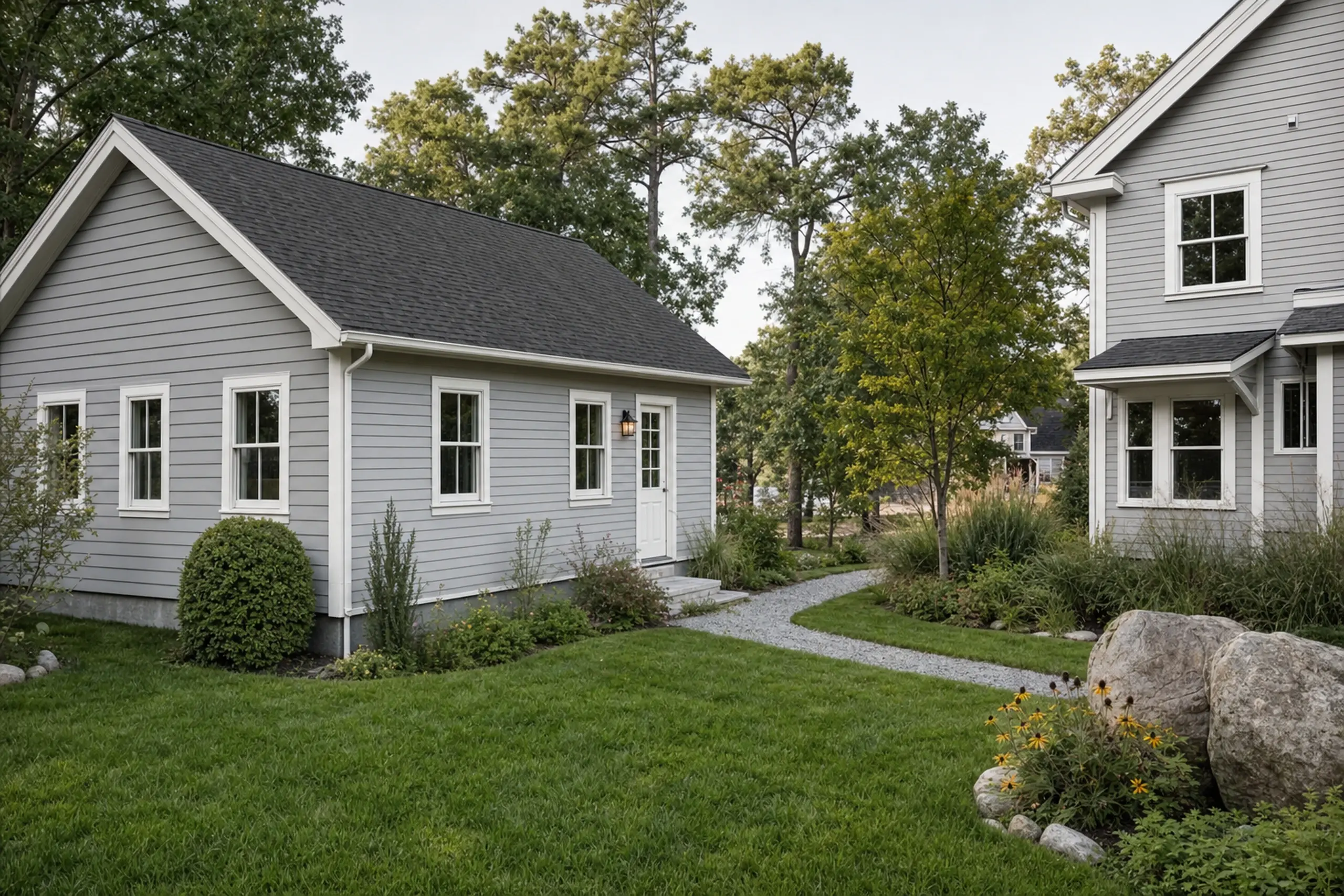Two gray houses with white trim in a green yard with trees and a gravel path.
