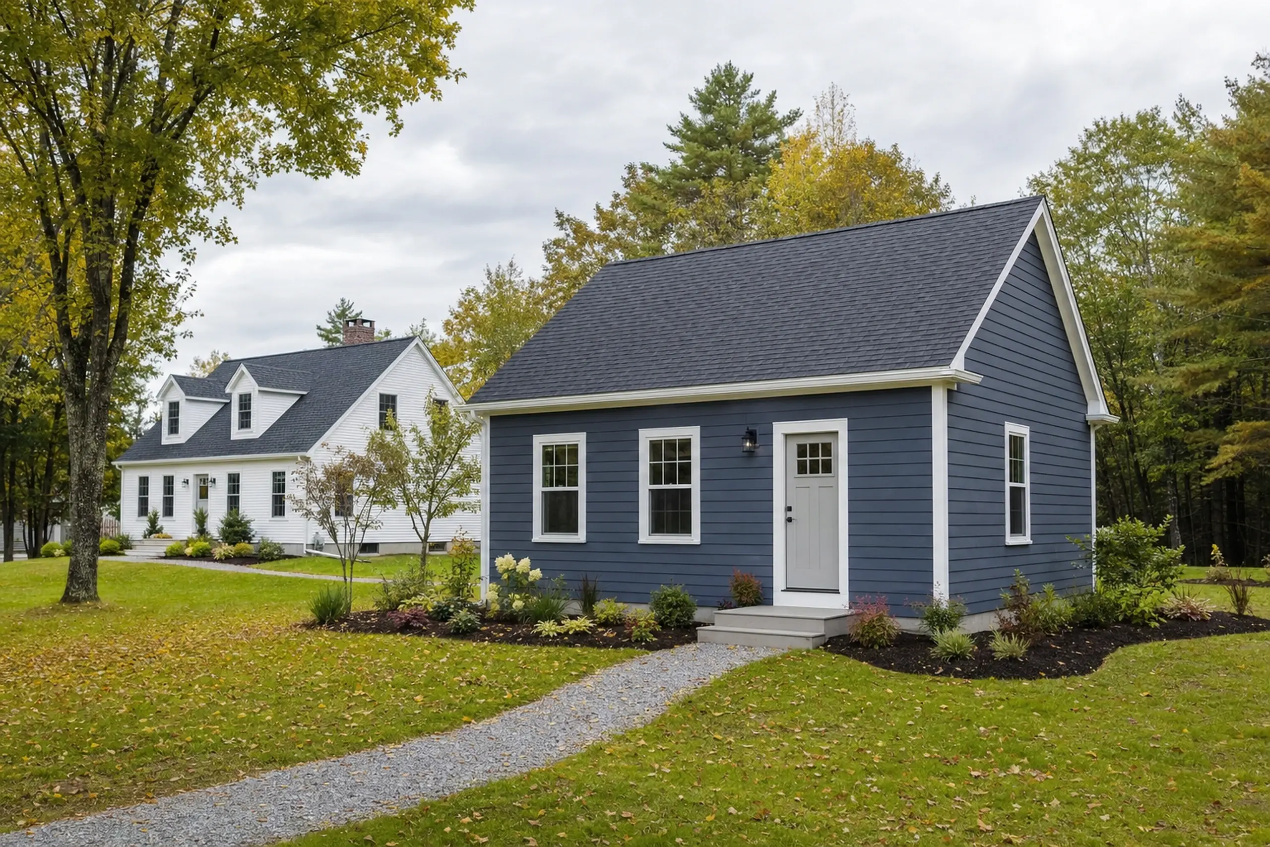 Blue small house with white trim and a gravel path in a green yard with trees and a white house behind.