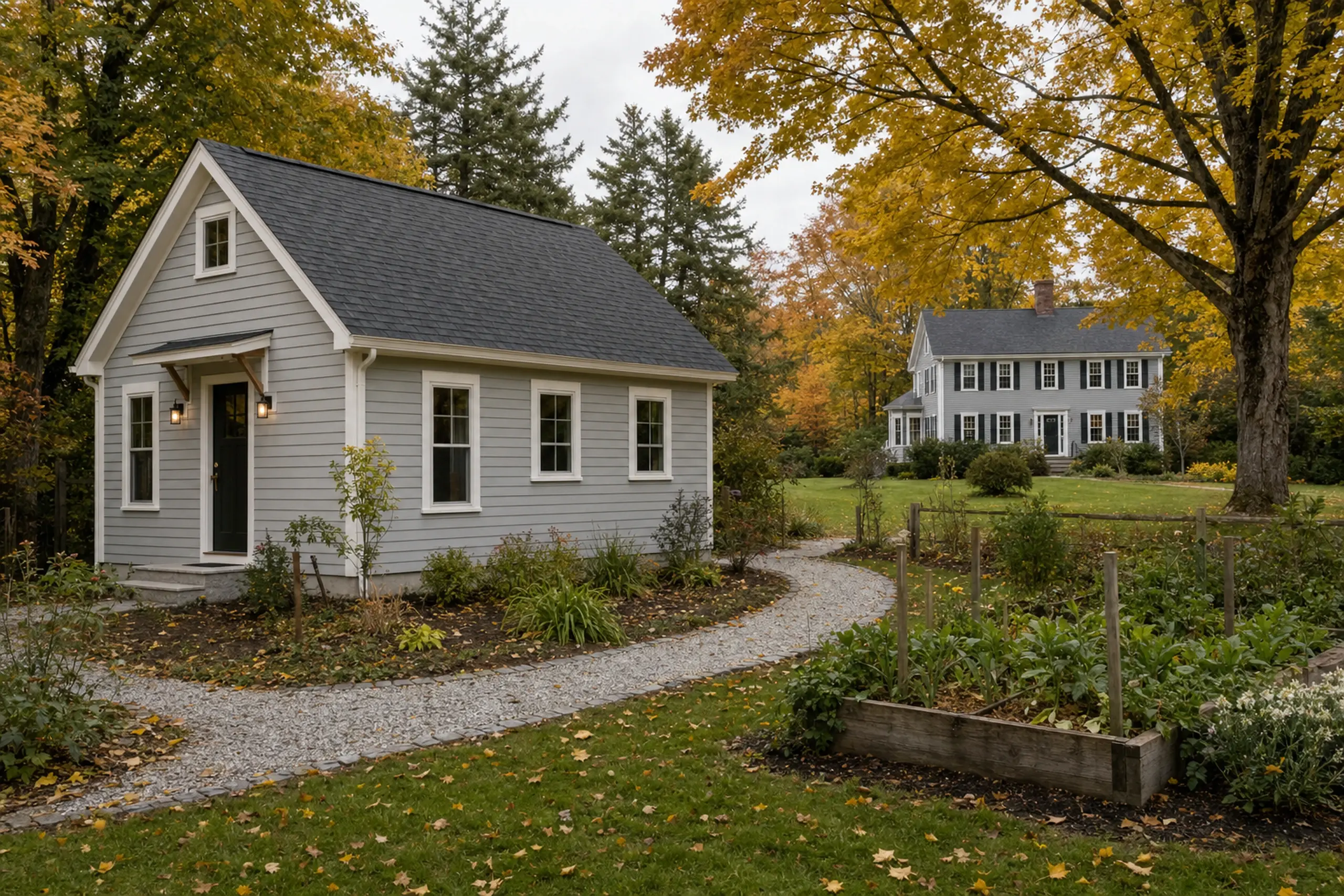 Two gray houses with white trim in a garden setting with autumn trees and a gravel path.