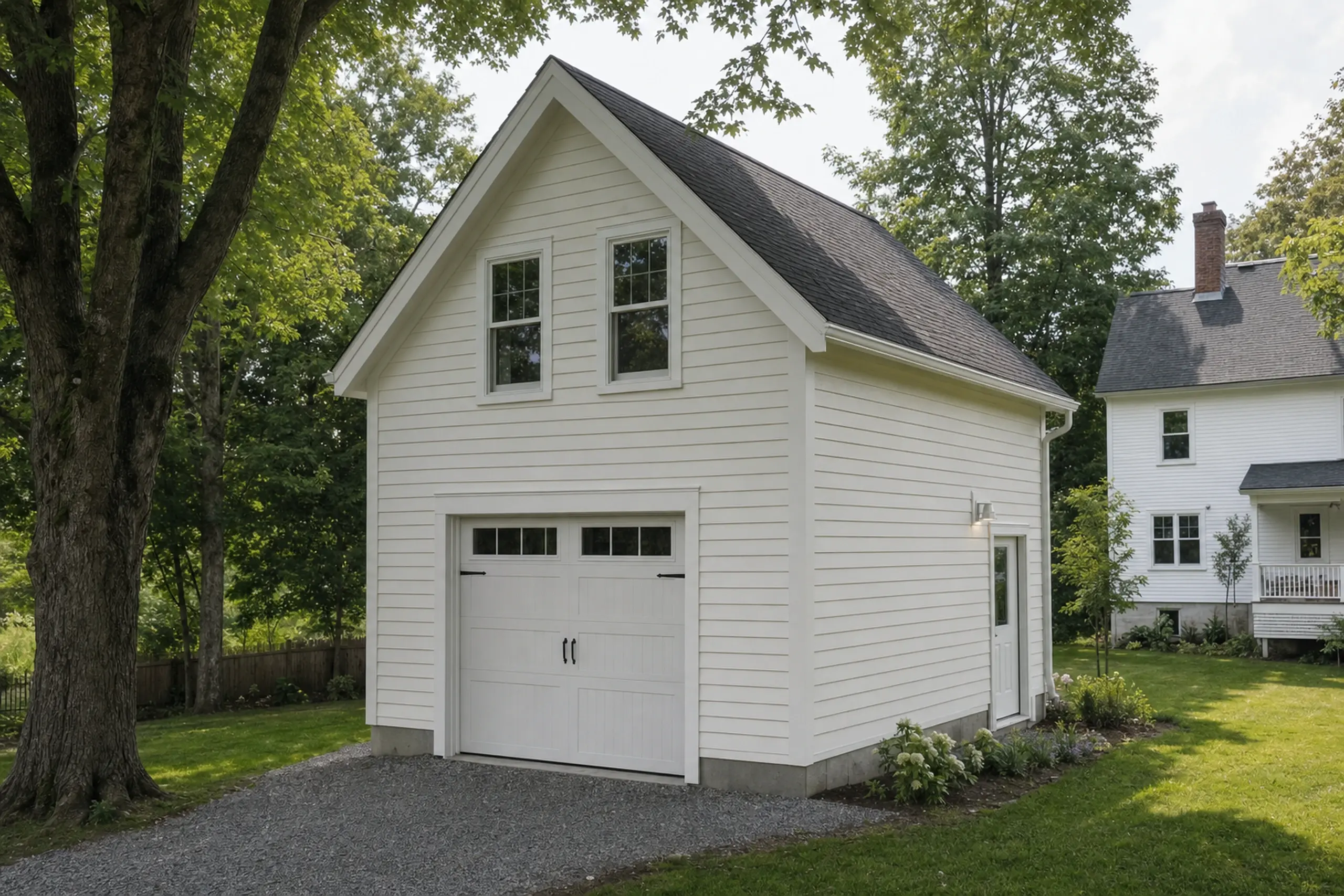White two-story garage with black roof and gravel driveway in a green yard with trees.