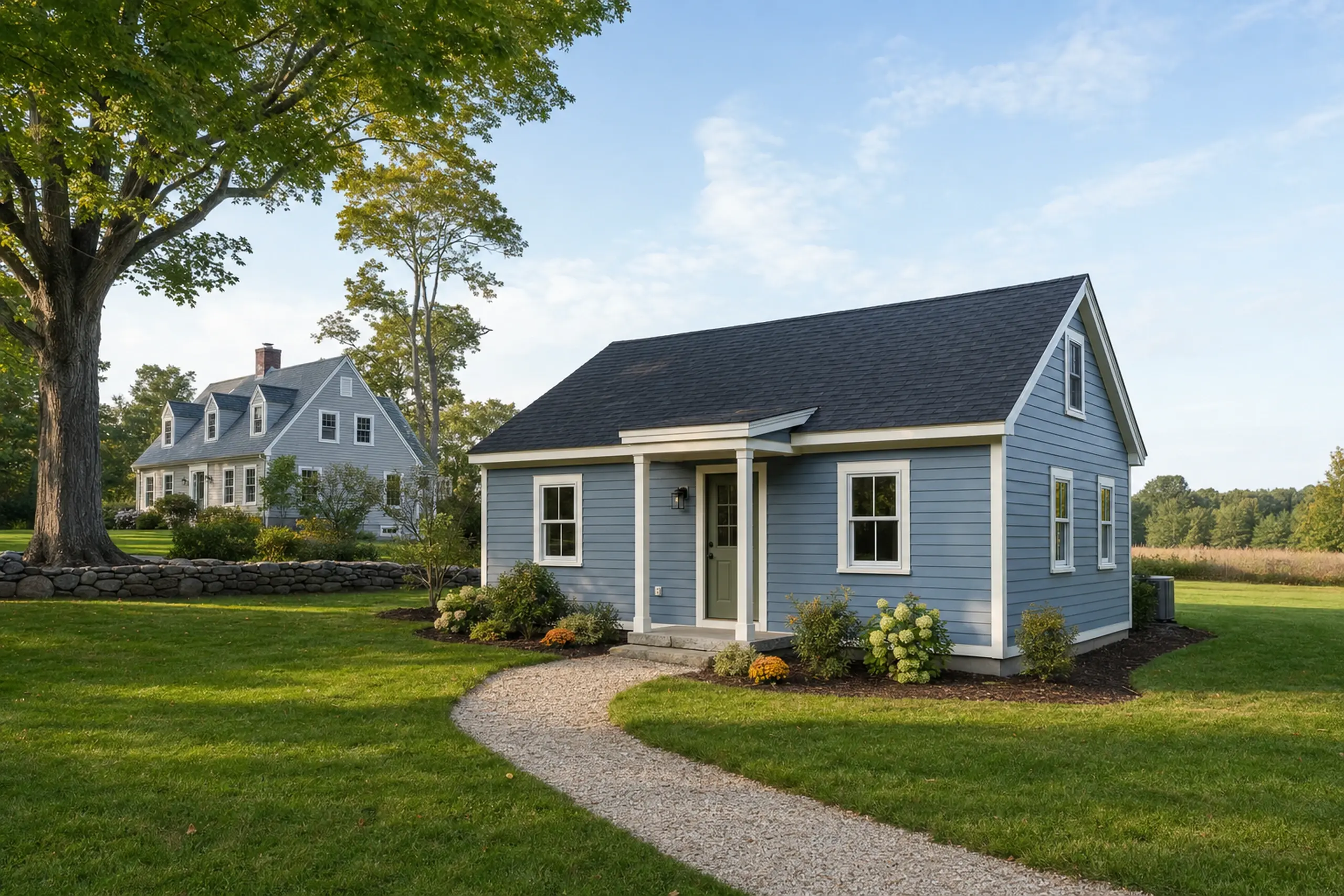 ADU builders in Gorham, ME: Blue single-story house with white trim and a gravel path in a green lawn setting.
