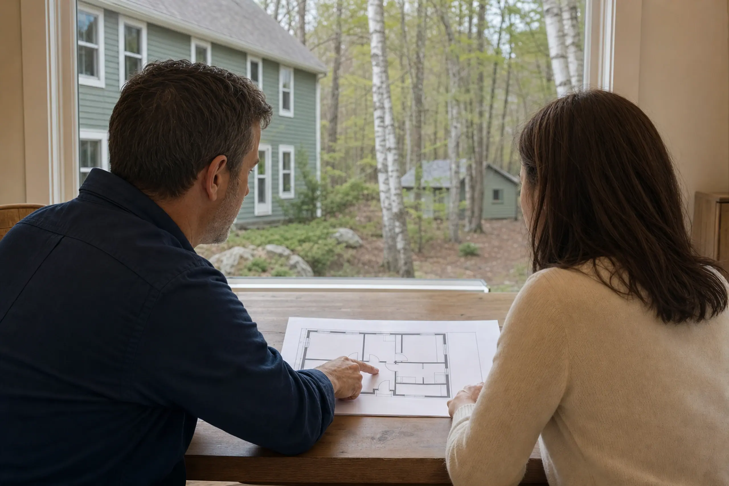 Two people inside looking at a floor plan with a green house and trees visible outside.