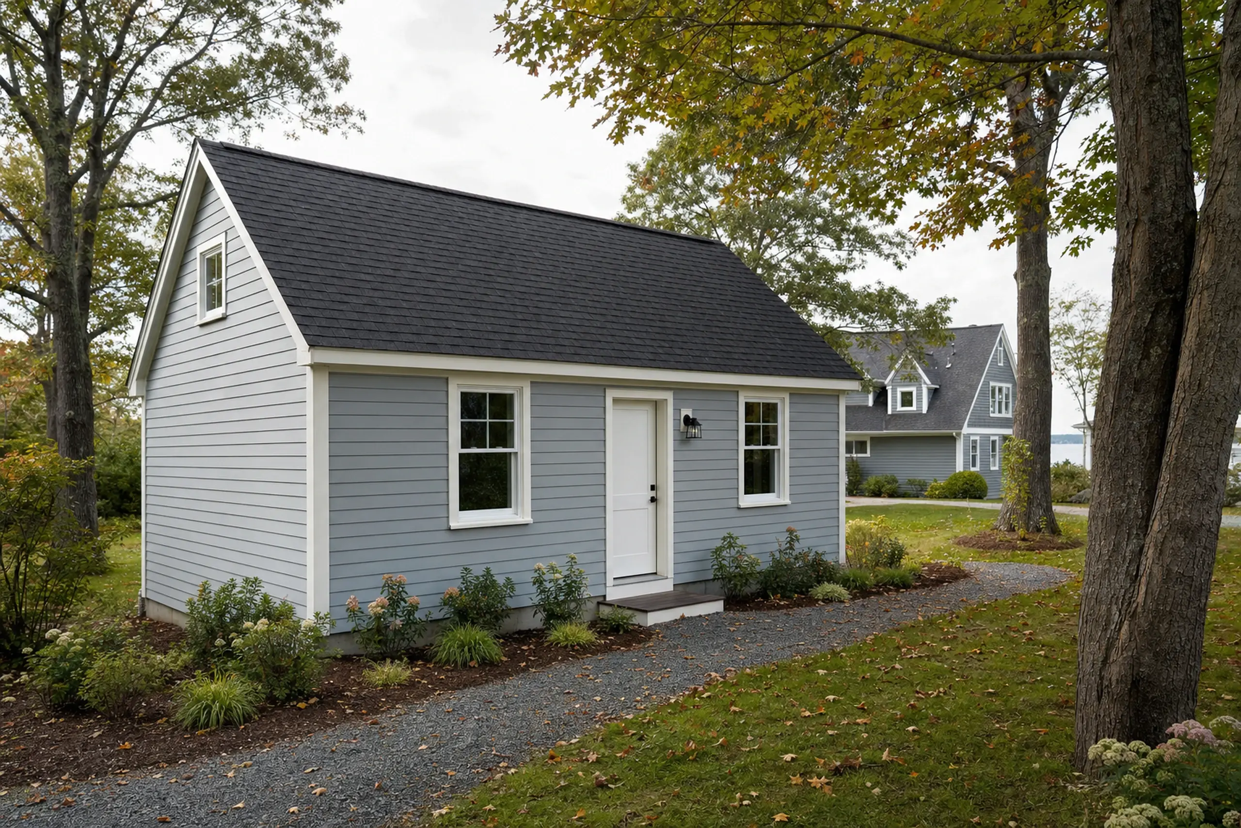 Small gray house with white trim and black roof in a leafy yard with a gravel path.