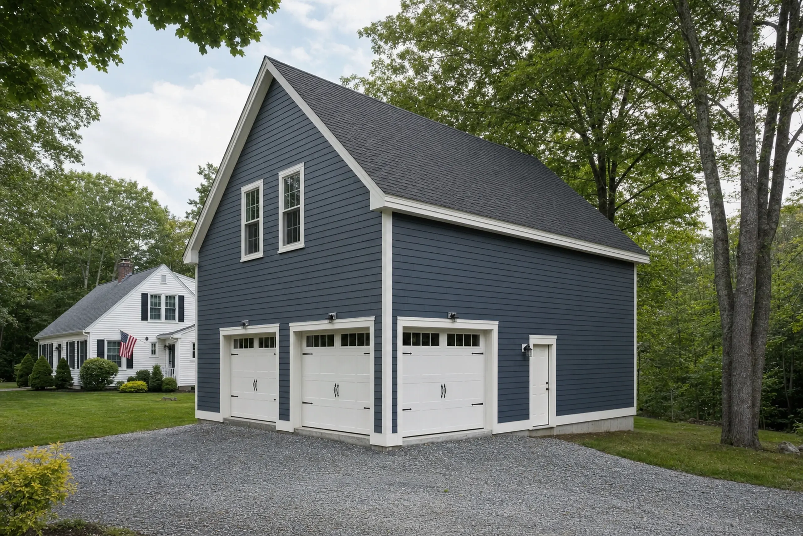 Blue two-story garage with three white doors and a side door, surrounded by trees and grass.