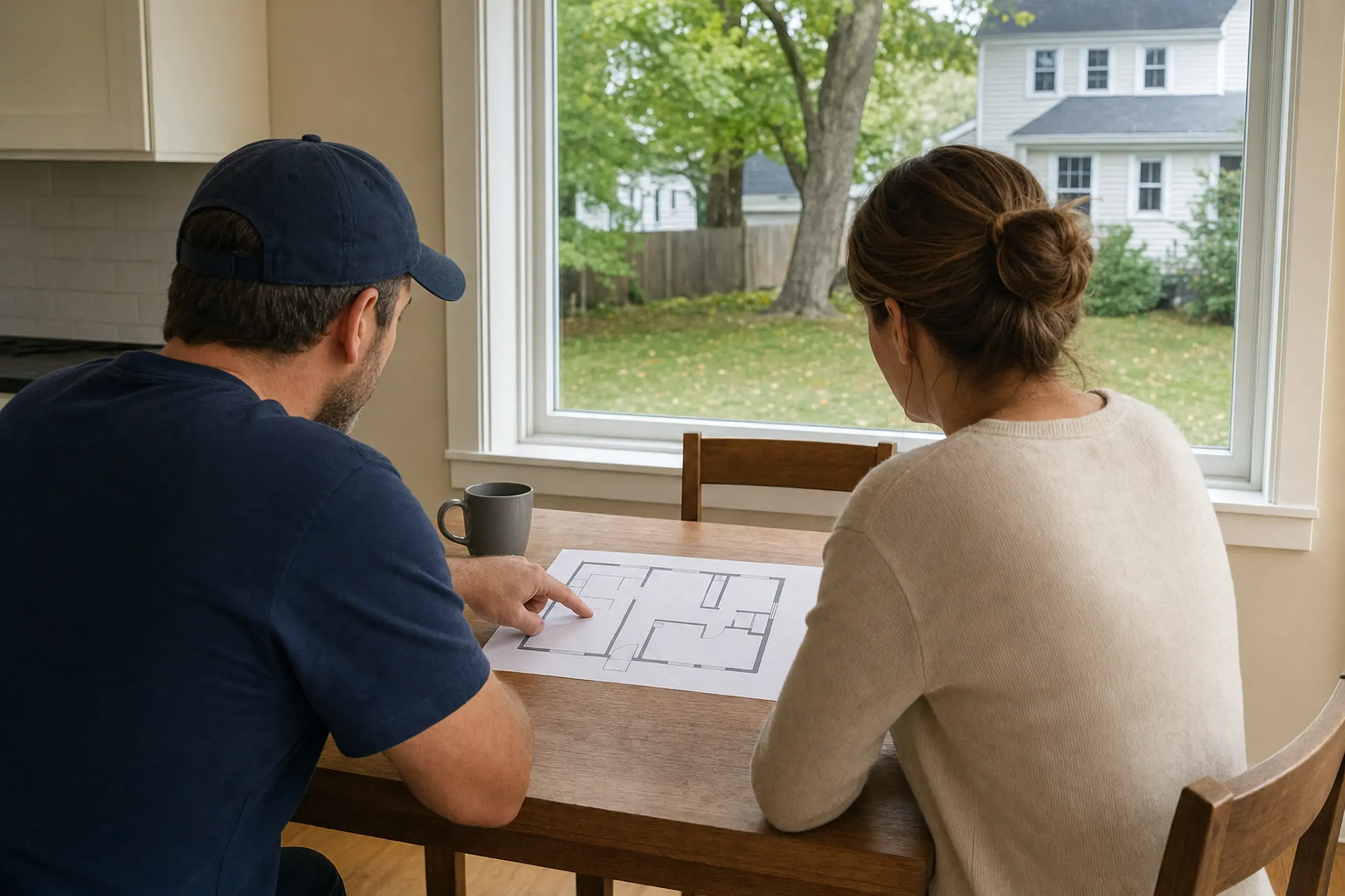 Two people sit at a wooden table inside a beige room, looking at a floor plan near a window.
