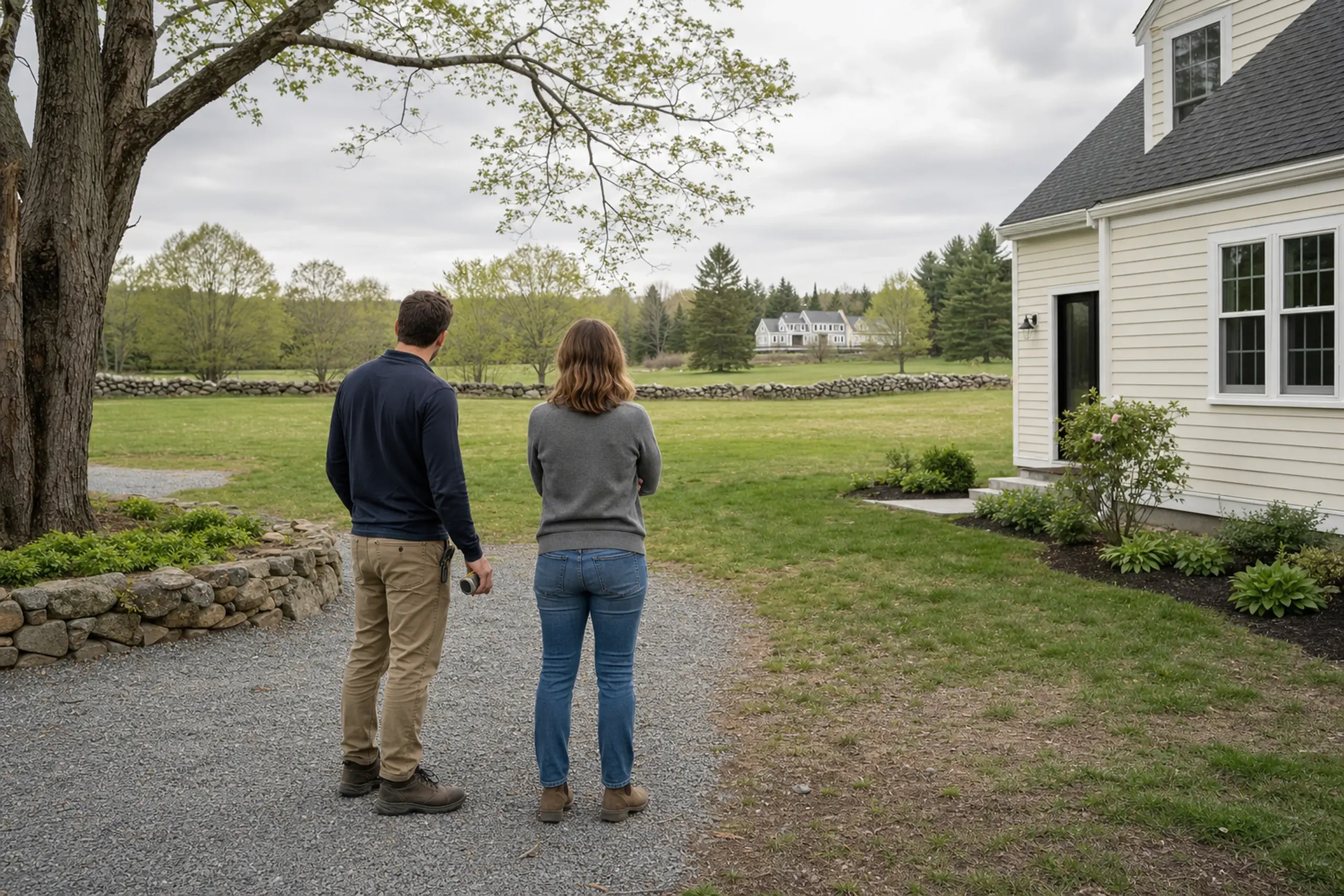 Two people stand on a gravel path near a cream-colored house with a grassy field and trees in the background.