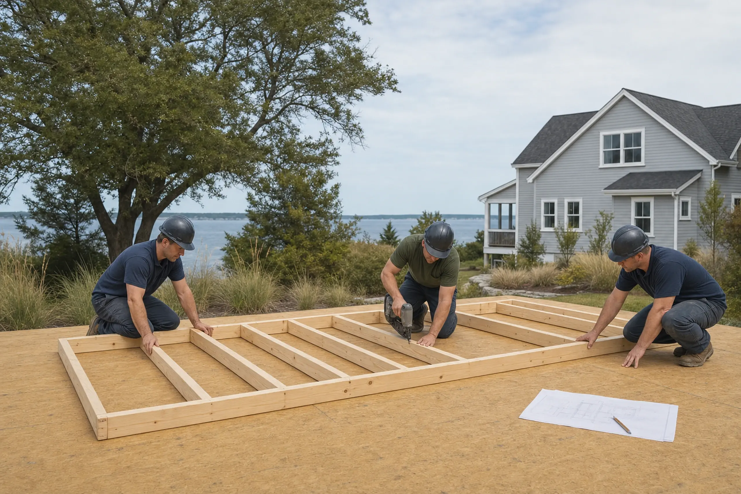 Three men in helmets assembling a wooden frame on a plywood floor outdoors near a gray house.
