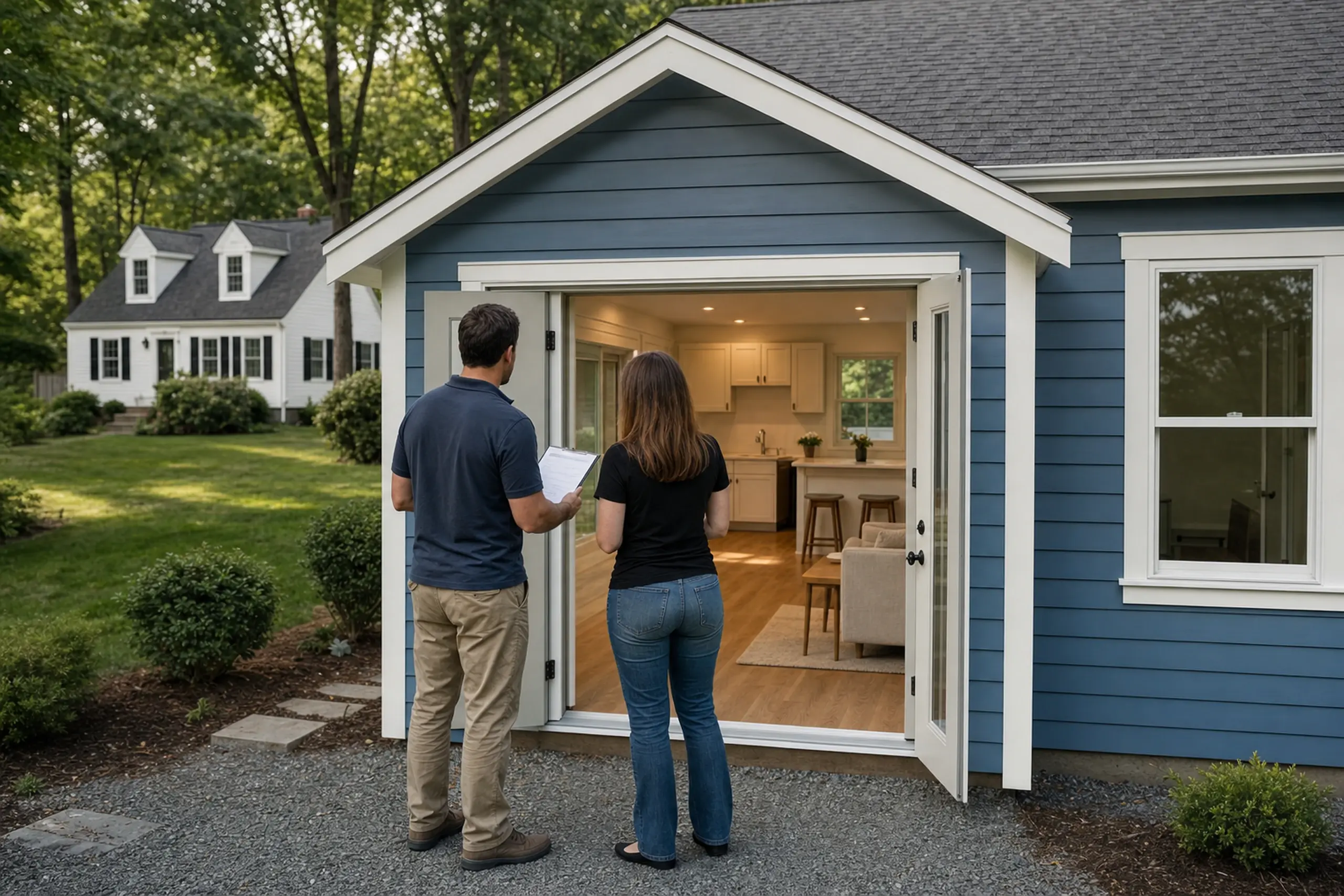Blue house with white trim and open double doors showing a kitchen, two people standing outside.