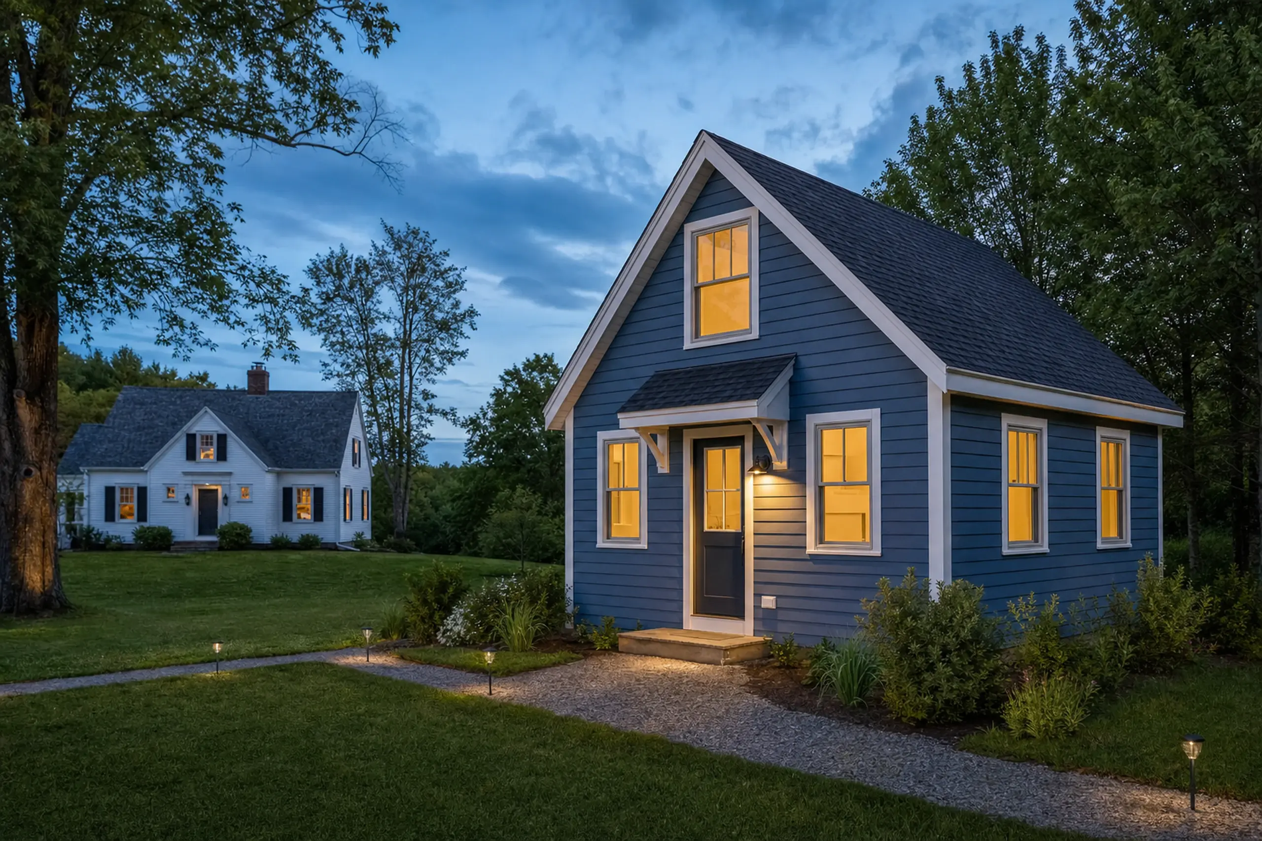 Blue house with lit windows and a small porch in a grassy yard at dusk with another white house in background.