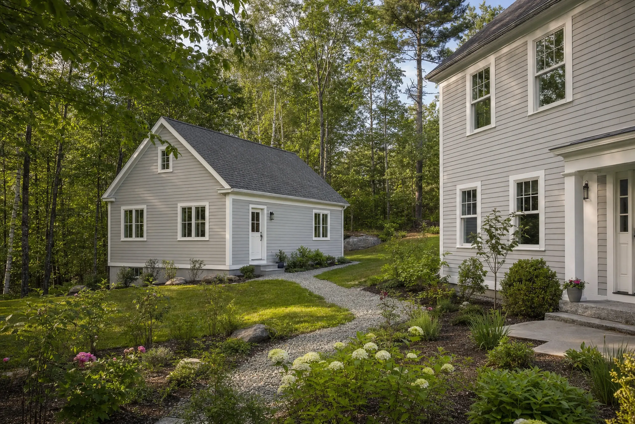 Two gray houses with white trim in a green wooded setting with a gravel path and garden.