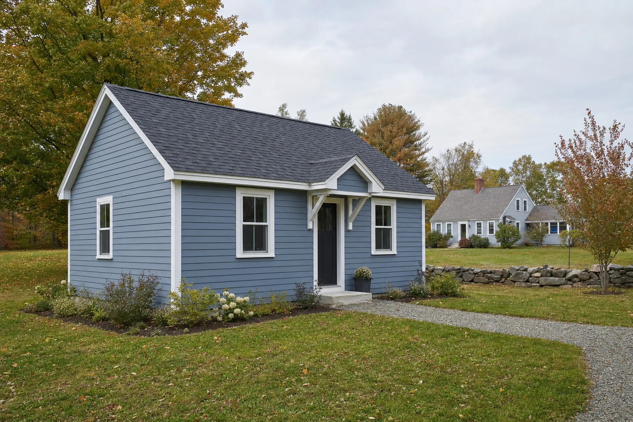 Small blue house with white trim in a grassy yard with trees and a stone wall.
