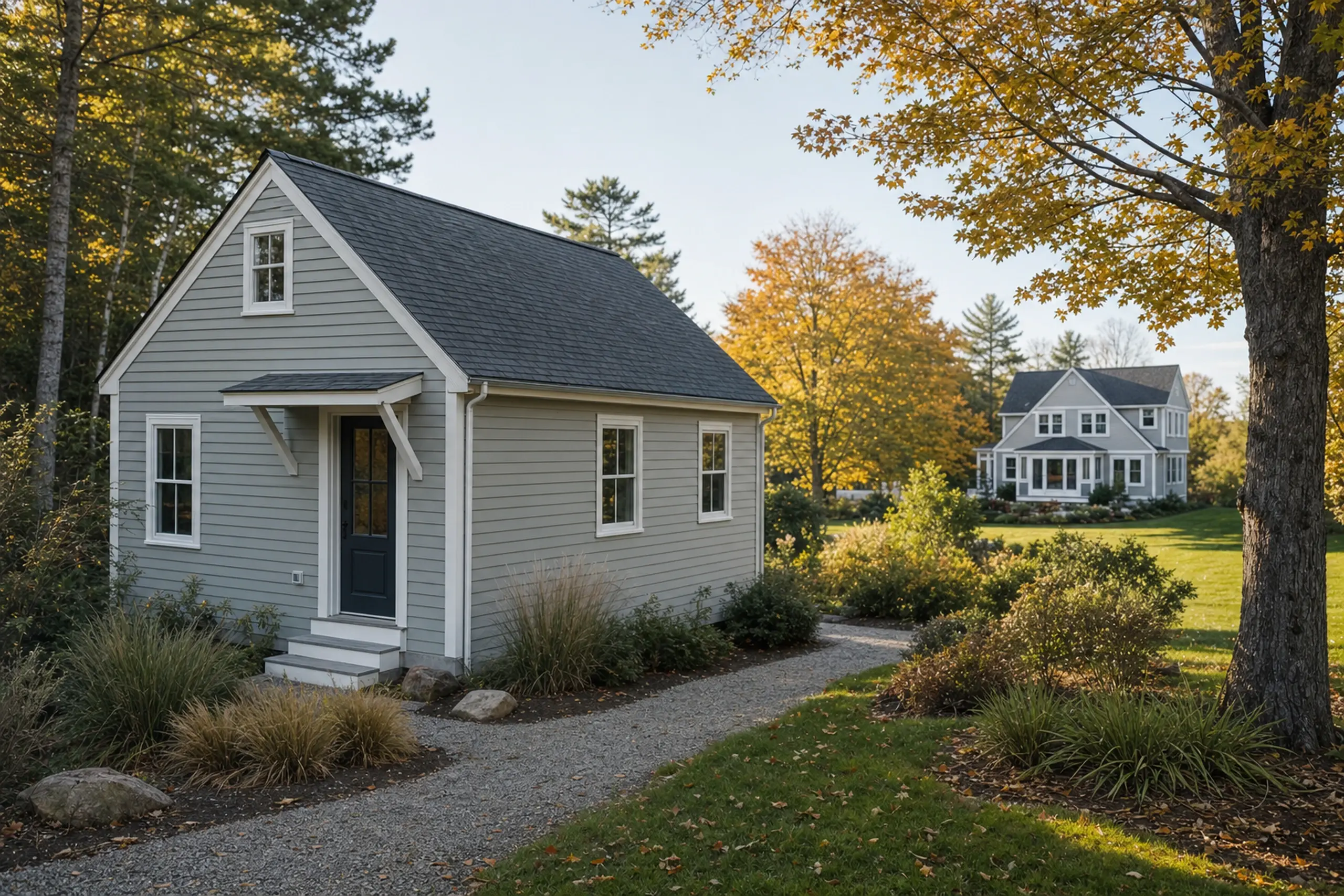 Gray small house with dark door and white trim in a green yard with autumn trees.