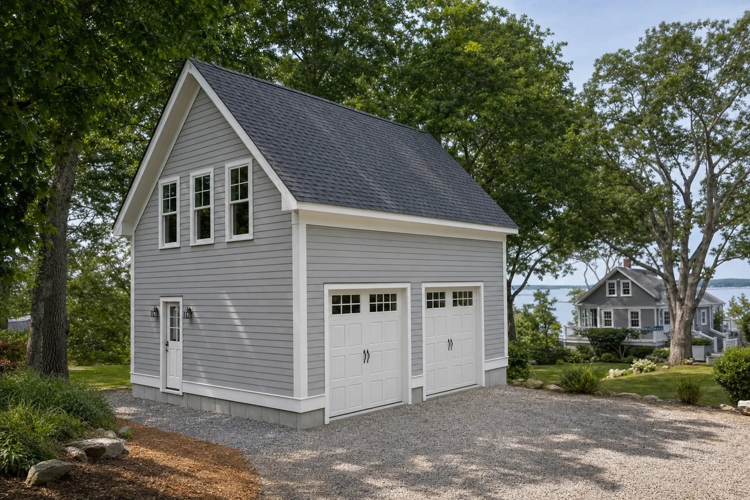 Gray two-story garage with white trim and two garage doors in a leafy outdoor setting.