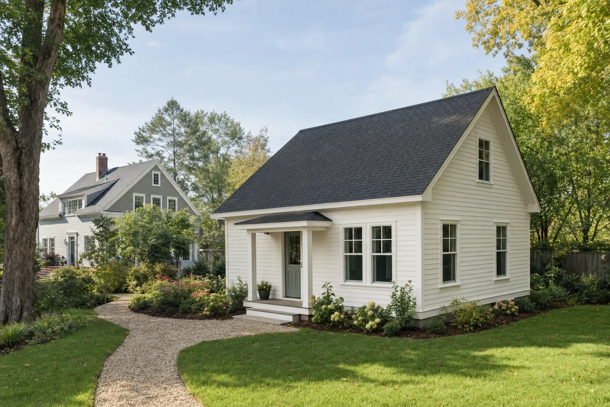 ADU builders in Gray, ME: White house with dark roof and green door in a garden setting with trees and a gravel path.