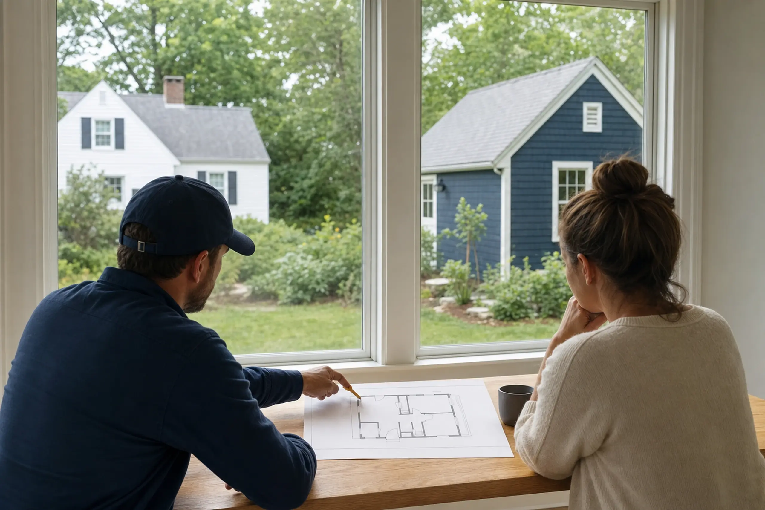 Two people inside looking at a floor plan with white and blue houses visible outside the window.